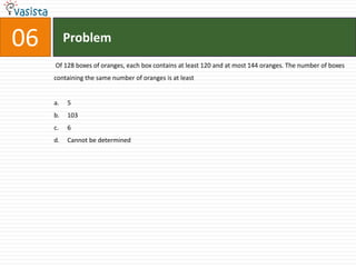 Problem06 Of 128 boxes of oranges, each box contains at least 120 and at most 144 oranges. The number of boxes containing the same number of oranges is at least51036Cannot be determined