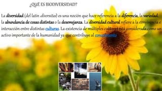 La diversidad (del latín diversitas) es una noción que hace referencia a la diferencia, la variedad,
la abundancia de cosas distintas o la desemejanza. La diversidadcultural refiere a la convivencia e
interacción entre distintas culturas. La existencia de múltiples culturas está considerada como un
activo importante de la humanidad ya que contribuye al conocimiento.
¿QUÉ ES BIODIVERSIDAD?
 