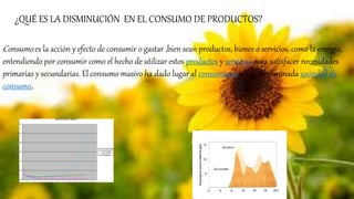 ¿QUÉ ES LA DISMINUCIÓN EN EL CONSUMO DE PRODUCTOS?
Consumo es la acción y efecto de consumir o gastar ,bien sean productos, bienes o servicios, como la energía,
entendiendo por consumir como el hecho de utilizar estos productos y servicios para satisfacer necesidades
primarias y secundarias. El consumo masivo ha dado lugar al consumismo y a la denominada sociedad de
consumo,
 
