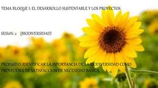 TEMA BLOQUE I: EL DESARROLLO SUSTENTABLE Y LOS PROYECTOS.
SESIóN: 2 (BIODIVERSIDAD)
PROPóSITO: IDENTIFICAR LA INPORTANCIA DE LA BIODIVERSIDAD COMO
PROVEDORA DE SATISFACCION DE NECESIDAD BASICA.
 