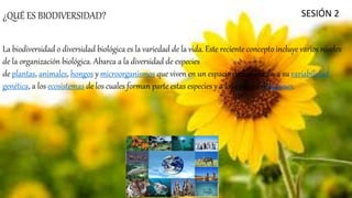 SESIÓN 2¿QUÉ ES BIODIVERSIDAD?
La biodiversidad o diversidad biológica es la variedad de la vida. Este reciente concepto incluye varios niveles
de la organización biológica. Abarca a la diversidad de especies
de plantas, animales, hongos y microorganismos que viven en un espacio determinado, a su variabilidad
genética, a los ecosistemas de los cuales forman parte estas especies y a los paisajes o regiones.
 