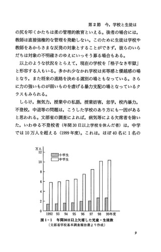 第 2節今，学校と生徒は
の尻を叩くかたちは柔の管理的教育といえる。後者の場合には，
教師は直接強権的な管理を発動しない。このために生徒は学校や
教師をあからさまな反発の対象とすることができず，彼らのいら
だちは対象の不明確さのゆえにいっそう募る場合もある。
以上のような状況をとらえて，現在の学校を「格子なき牢獄」
と形容する人もいる。多かれ少なかれ学校は劣等感と優越感の場
となり，また将来の進路を決める選別の場ともなっている。さら
に力の強いものが弱いものを虐げる暴力支配の場となっているク
ラスもみられる。
しらげ，無気力，授業中の私語，授業妨害，怠学，校内暴力，
不登校，中退等の問題は，こうした学校のあり方にも一因がある
と思われる。文部省の調査によれば，病気等による欠席者を除い
た，いわゆる不登校者(年間 30日以上学校を休んだ者)は，中学
では 10万人を超える(1999年度)。これは，ほぽ 40名に 1名の
万人
12I
医函小学生
10I
E二コ中学生
8
6
4
2
0
1992 93 94 95 96 97 98 99年度
図 1・1 年間30日以上欠席した児童・生徒数
(文部省学校基本調査報告書より作成)
9
 