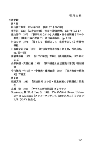 引用文献
第 1節
松山善三監督 1954年作品映画『二十四の瞳』
引 用 文 献
壷井栄 1952 r二十四の瞳』 光文社(新潮社版， 1957年による)
佐山喜作 1975 r教師とはなにかj大槻健・五十嵐顕編『日本の
教師j(講座日本の教育 7)，新日本出版社， pp.1-28
村山ひで 1974 r母として教師として生活者として』労働句
報 社
日本作文の会編 1967 r村山俊太郎著作集』第 1巻，百合出版，
pp.294-295
無着成恭編 1951 r山びこ学校』青銅社(角川書店版， 1969年に
よる)
山形民研・真壁仁編 1969 r教科構造と生活認識の思想』明治図
書
中内敏夫・竹内常一・中野光・藤岡貞彦 1987 r日本教育の戦後
史J三省堂
第 2節
能重真策 1987 r実験資料 12か月・能重真策の学級通信』民衆
ネ土
高 橋 僑 1987 rサザエの研究物語』ぎょうせい
Stevenson，H.W.&Lee，S. 1989 ThePolishedStones，Univer-
sityofMichigan[スティーヴンソンら『磨かれた石』ミシガン
大学(ビデオ作品)].
257
 