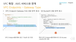 VPC 확장 : AWS 서비스와 연계
• VPC Endpoint Gateway 타입 IAM 정책 예시• S3 Bucket의 IAM 정책 예시
VPC Endpoint를 통해 접근 가능한 S3 지정 특정 VPC Endpoint를 통해서만 S3 Access
가능하도록 지정
VPC Endpoints – Gateway Type
AWS Builders – Program
201
 
