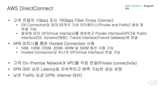 AWS DirectConnect
• 고객 전용의 1Gbps 또는 10Gbps Fiber Cross Connect
• DX Connection당 최대 50개의 가상 인터페이스(Private and Public) 생성 및
연결 가능
• 필요에 따라 VIF(Virtual Interface)를 생성하고 Private Interface(VPC)및 Public
Interface(S3, DynamoDB등), Transit Interface(Transit Gateway)에 연결
• APN 파트너를 통한 Hosted Connection 사용
• 50M, 100M, 200M, 300M, 400M 및 500M 회선 사용 가능
• Hosted Connection당 하나의 VIF(Virtual Interface) 연결 가능
• 고객 On-Premise Network과 VPC를 직접 연결(Private connectivity)
• VPN 대비 낮은 Latency및 지속적이고 예측 가능한 성능 보장
• 낮은 Traffic 요금 (VPN, Internet 대비)
AWS Builders – Program
201
 