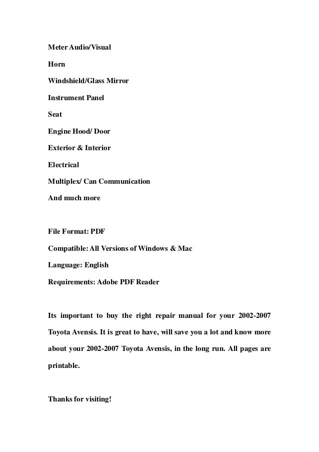 28+ [ 2002 2007 Toyota Avensis Workshop Repair Manual ...