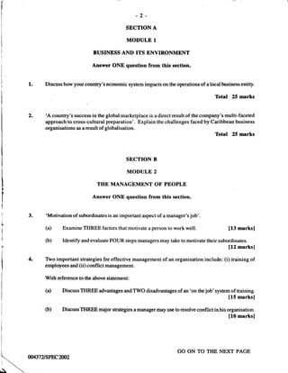 Unit 1 CAPE Management Of Business Paper 2 - 2002 - 2011 Past Papers | PDF