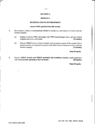 Unit 1 CAPE Management Of Business Paper 2 - 2002 - 2011 Past Papers | PDF