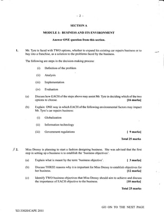 Unit 1 CAPE Management Of Business Paper 2 - 2002 - 2011 Past Papers | PDF