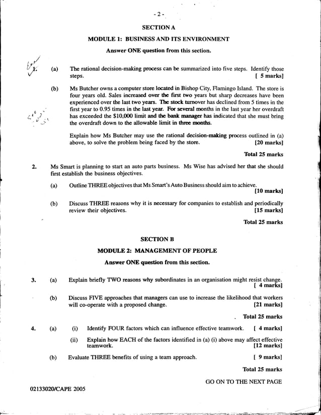 Unit 1 CAPE Management Of Business Paper 2 2002 2011 Past Papers
