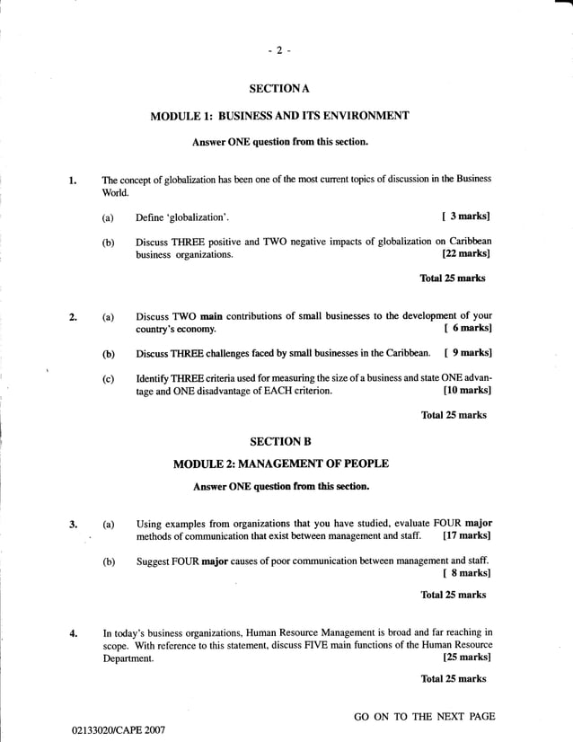 Unit 1 CAPE Management Of Business Paper 2 2002 2011 Past Papers