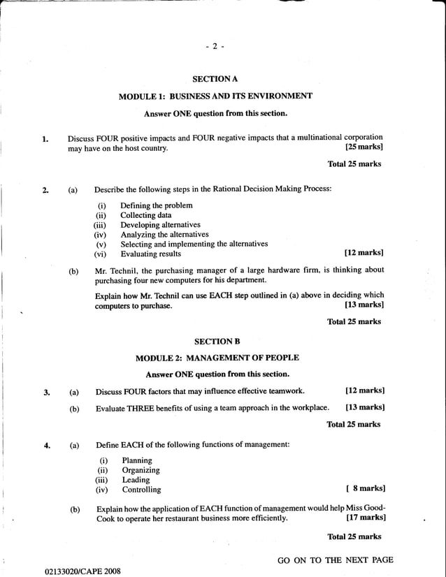 Unit 1 CAPE Management Of Business Paper 2 2002 2011 Past Papers