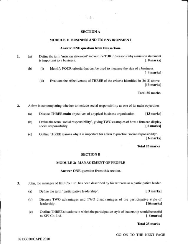 Unit 1 CAPE Management Of Business Paper 2 2002 2011 Past Papers