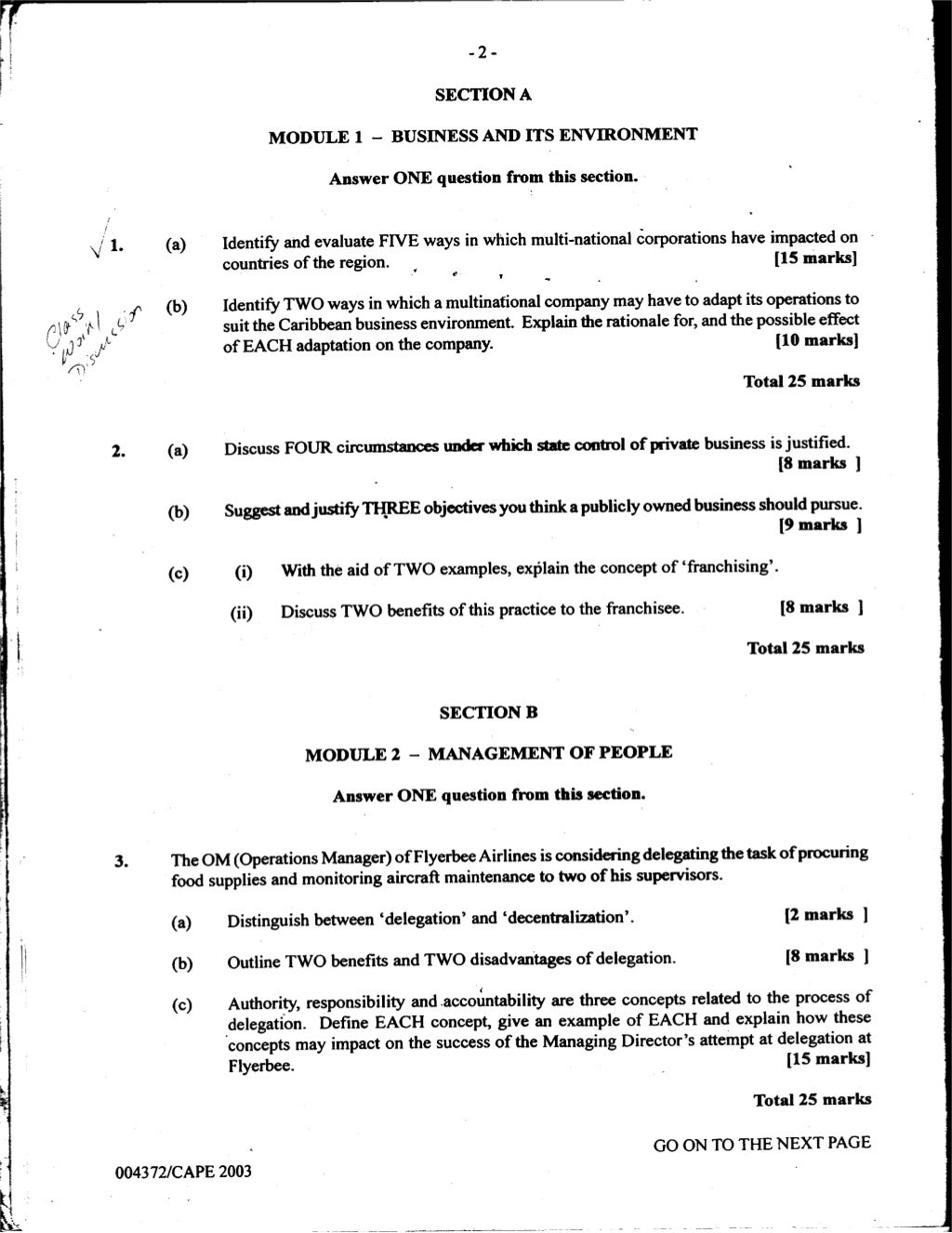 Unit 1 CAPE Management Of Business Paper 2 2002 2011 Past Papers
