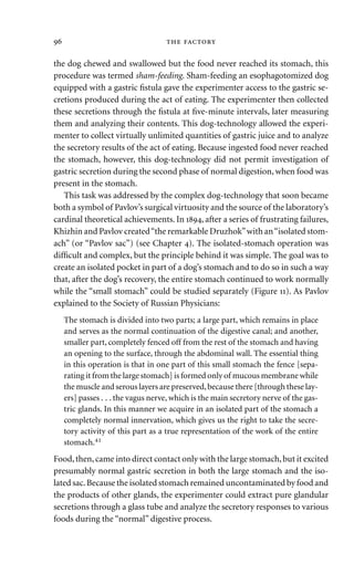 the dog chewed and swallowed but the food never reached its stomach, this
procedure was termed sham-feeding. Sham-feeding an esophagotomized dog
equipped with a gastric ﬁstula gave the experimenter access to the gastric se-
cretions produced during the act of eating. The experimenter then collected
these secretions through the ﬁstula at ﬁve-minute intervals, later measuring
them and analyzing their contents. This dog-technology allowed the experi-
menter to collect virtually unlimited quantities of gastric juice and to analyze
the secretory results of the act of eating. Because ingested food never reached
the stomach, however, this dog-technology did not permit investigation of
gastric secretion during the second phase of normal digestion, when food was
present in the stomach.
This task was addressed by the complex dog-technology that soon became
both a symbol of Pavlov’s surgical virtuosity and the source of the laboratory’s
cardinal theoretical achievements. In , after a series of frustrating failures,
Khizhin and Pavlov created“the remarkable Druzhok”with an“isolated stom-
ach” (or “Pavlov sac”) (see Chapter ). The isolated-stomach operation was
difﬁcult and complex, but the principle behind it was simple. The goal was to
create an isolated pocket in part of a dog’s stomach and to do so in such a way
that, after the dog’s recovery, the entire stomach continued to work normally
while the “small stomach” could be studied separately (Figure ). As Pavlov
explained to the Society of Russian Physicians:
The stomach is divided into two parts; a large part, which remains in place
and serves as the normal continuation of the digestive canal; and another,
smaller part, completely fenced off from the rest of the stomach and having
an opening to the surface, through the abdominal wall. The essential thing
in this operation is that in one part of this small stomach the fence [sepa-
rating it from the large stomach] is formed only of mucous membrane while
the muscle and serous layers are preserved,because there [through these lay-
ers] passes . . . the vagus nerve, which is the main secretory nerve of the gas-
tric glands. In this manner we acquire in an isolated part of the stomach a
completely normal innervation, which gives us the right to take the secre-
tory activity of this part as a true representation of the work of the entire
stomach.41
Food,then,came into direct contact only with the large stomach,but it excited
presumably normal gastric secretion in both the large stomach and the iso-
lated sac.Because the isolated stomach remained uncontaminated by food and
the products of other glands, the experimenter could extract pure glandular
secretions through a glass tube and analyze the secretory responses to various
foods during the “normal” digestive process.
  
 
