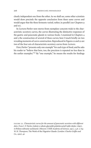 clearly independent one from the other. As we shall see, some other scientists
would draw precisely the opposite conclusion from these same curves and
would argue that the three ferments varied, rather, in parallel (see Chapters 
and ).
In Lectures Pavlov now moves from exemplary concrete trials to the char-
acteristic secretory curves, the curves illustrating the distinctive responses of
the gastric and pancreatic glands to various foods. I examined in Chapters 
and  the construction of several of these curves; here I touch brieﬂy on two
revealing moments of curve construction.Reproduced in Figures  and  are
two of the four sets of characteristic secretory curves from Lectures.
First, Pavlov“presents only one example”for each type of food, and he asks
his reader to “believe that here, too, the precision is repeated no less than in
the earlier examples.”25 By “one example,” he means the results for feedings
  
 . Characteristic curves for the amount of pancreatic secretion with different
diets. From I. P. Pavlov, Lektsii o rabote glavnykh pishchevaritel’nykh zhelez (),
in Polnoe sobranie sochinenii (Moscow: USSR Academy of Sciences, ), , pt. : ;
W. H. Thompson, The Work of the Digestive Glands (London: Charles Grifﬁn and
Co., ), 
 