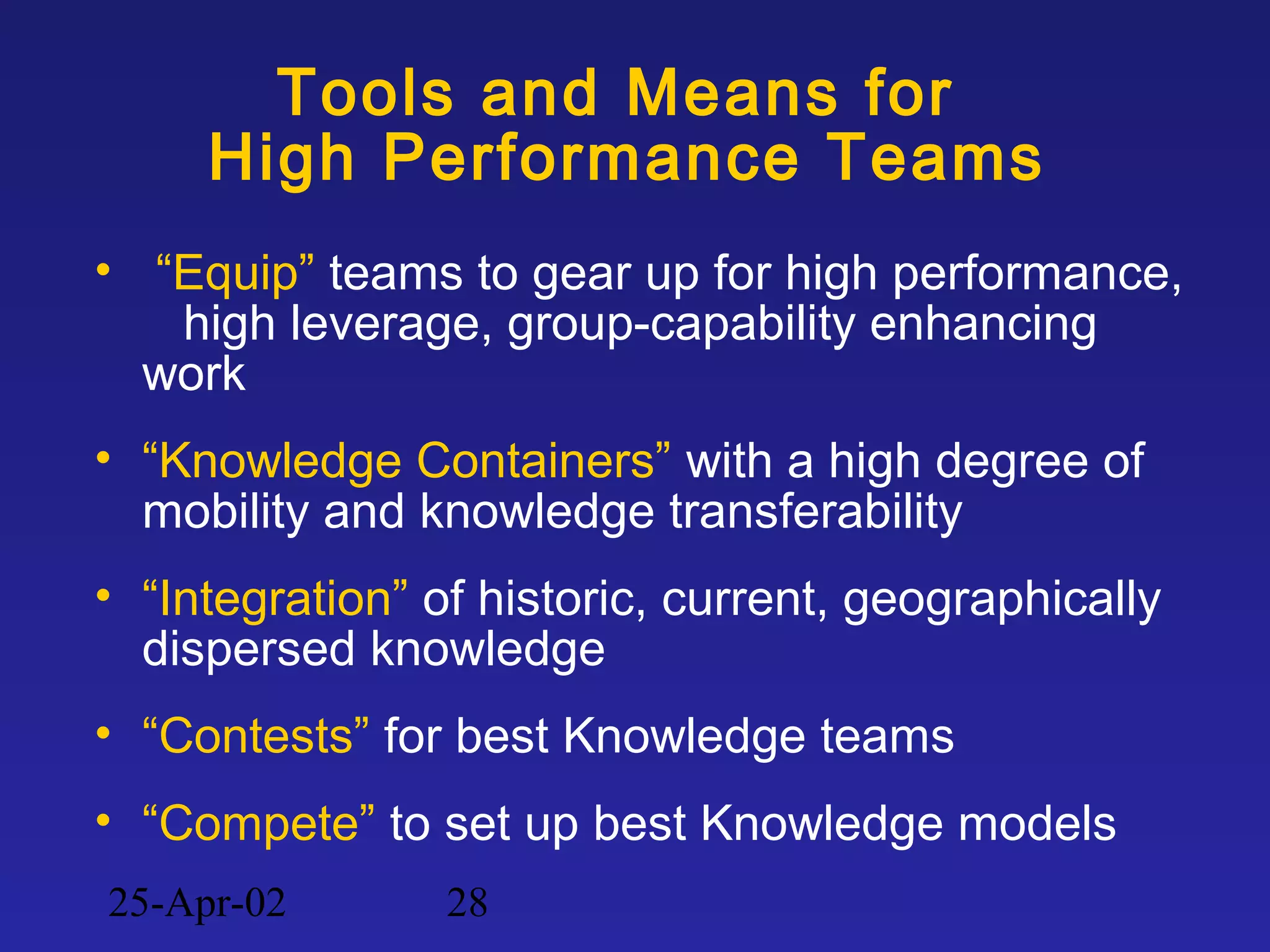 25-Apr-02 28
Tools and Means for
High Performance Teams
• “Equip” teams to gear up for high performance,
high leverage, group-capability enhancing
work
• “Knowledge Containers” with a high degree of
mobility and knowledge transferability
• “Integration” of historic, current, geographically
dispersed knowledge
• “Contests” for best Knowledge teams
• “Compete” to set up best Knowledge models
 