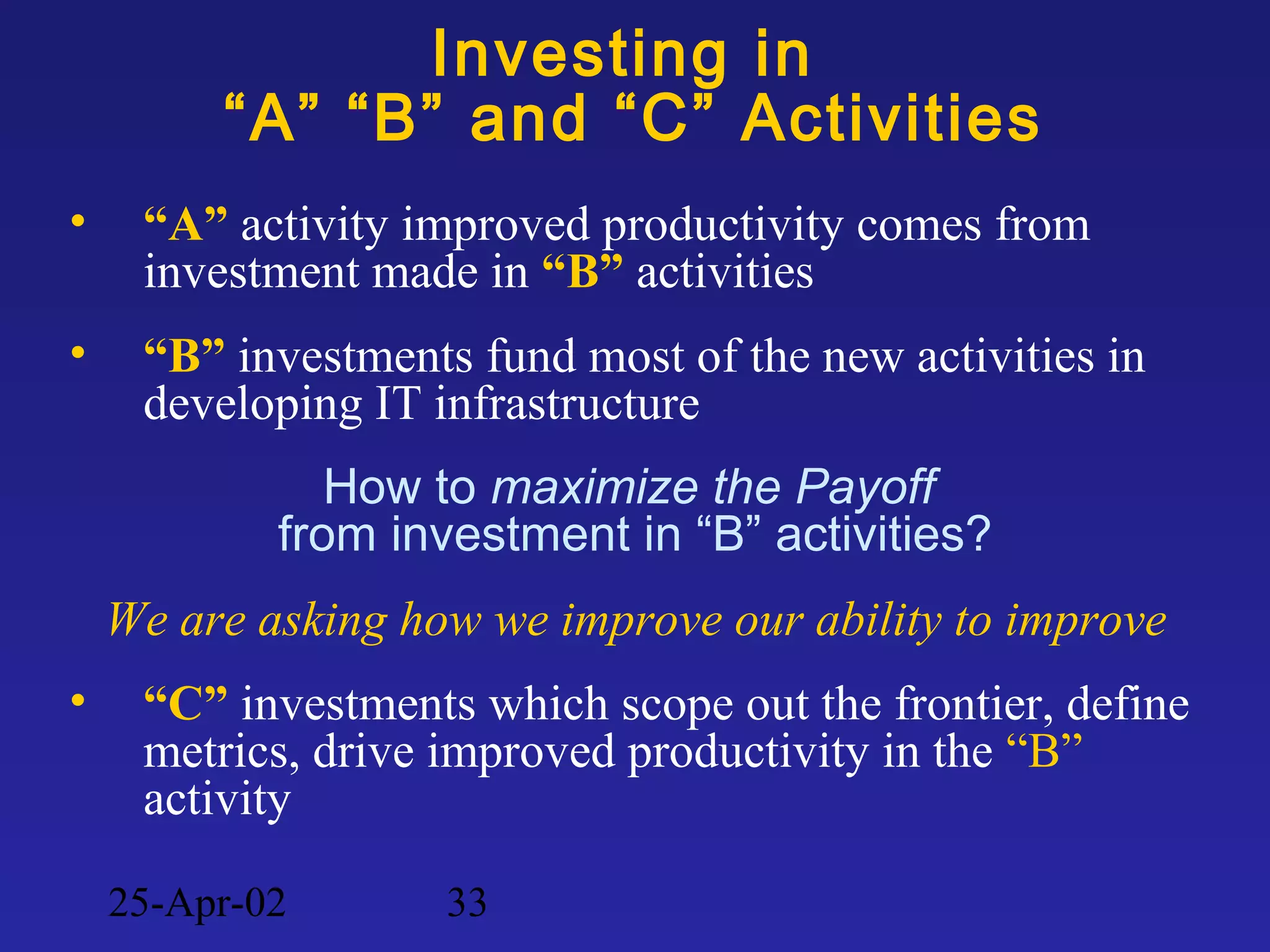 25-Apr-02 33
Investing in
“A” “B” and “C” Activities
• “A” activity improved productivity comes from
investment made in “B” activities
• “B” investments fund most of the new activities in
developing IT infrastructure
How to maximize the Payoff
from investment in “B” activities?
We are asking how we improve our ability to improve
• “C” investments which scope out the frontier, define
metrics, drive improved productivity in the “B”
activity
 