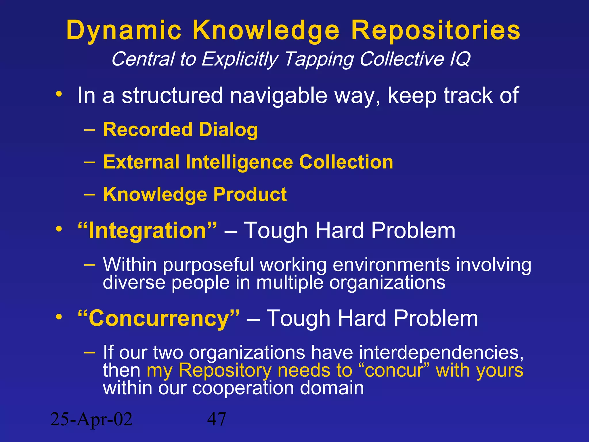 25-Apr-02 47
Dynamic Knowledge Repositories
Central to Explicitly Tapping Collective IQ
• In a structured navigable way, keep track of
– Recorded Dialog
– External Intelligence Collection
– Knowledge Product
• “Integration” – Tough Hard Problem
– Within purposeful working environments involving
diverse people in multiple organizations
• “Concurrency” – Tough Hard Problem
– If our two organizations have interdependencies,
then my Repository needs to “concur” with yours
within our cooperation domain
 