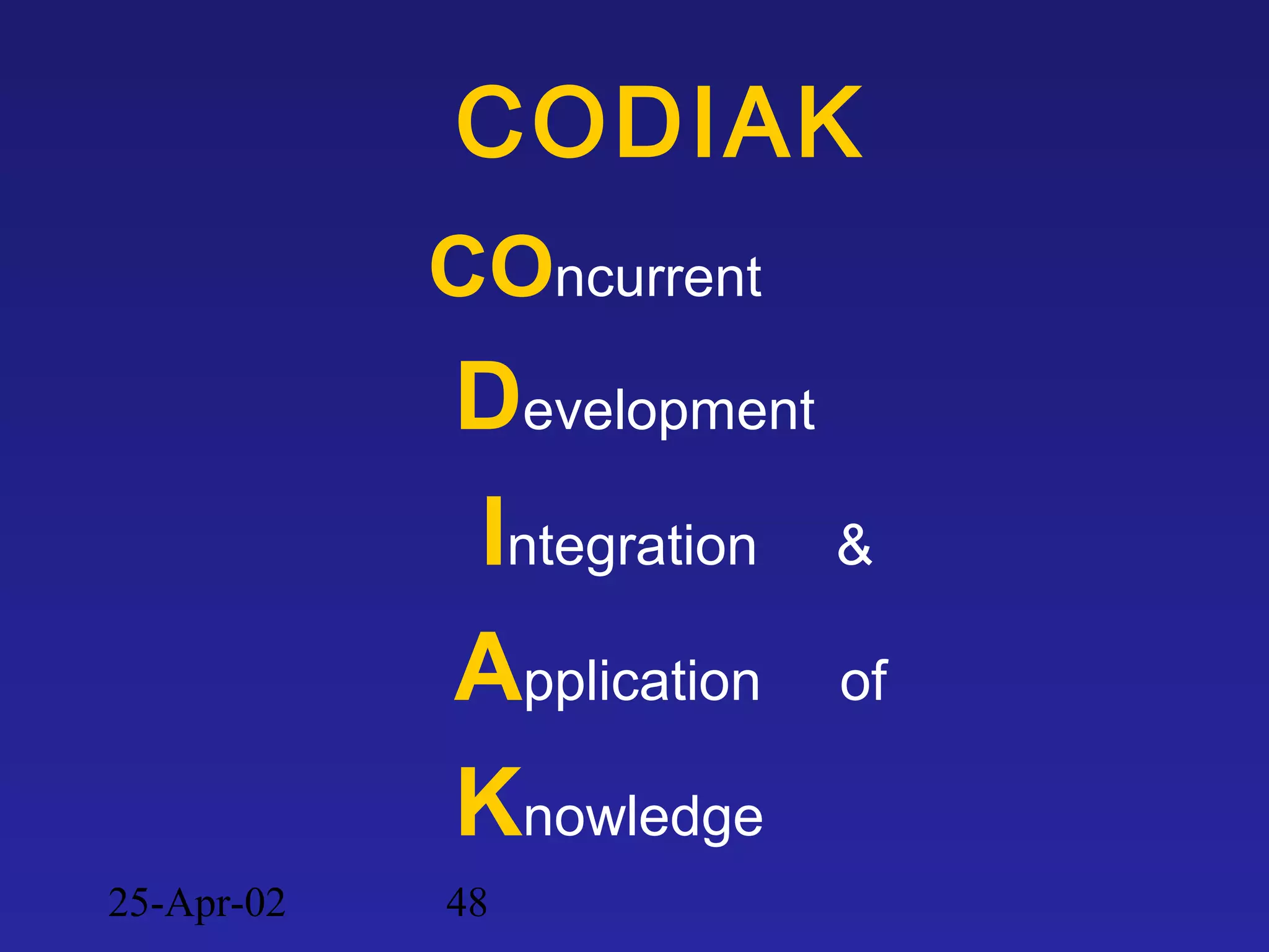 25-Apr-02 48
CODIAK
COncurrent
Development
Integration &
Application of
Knowledge
 