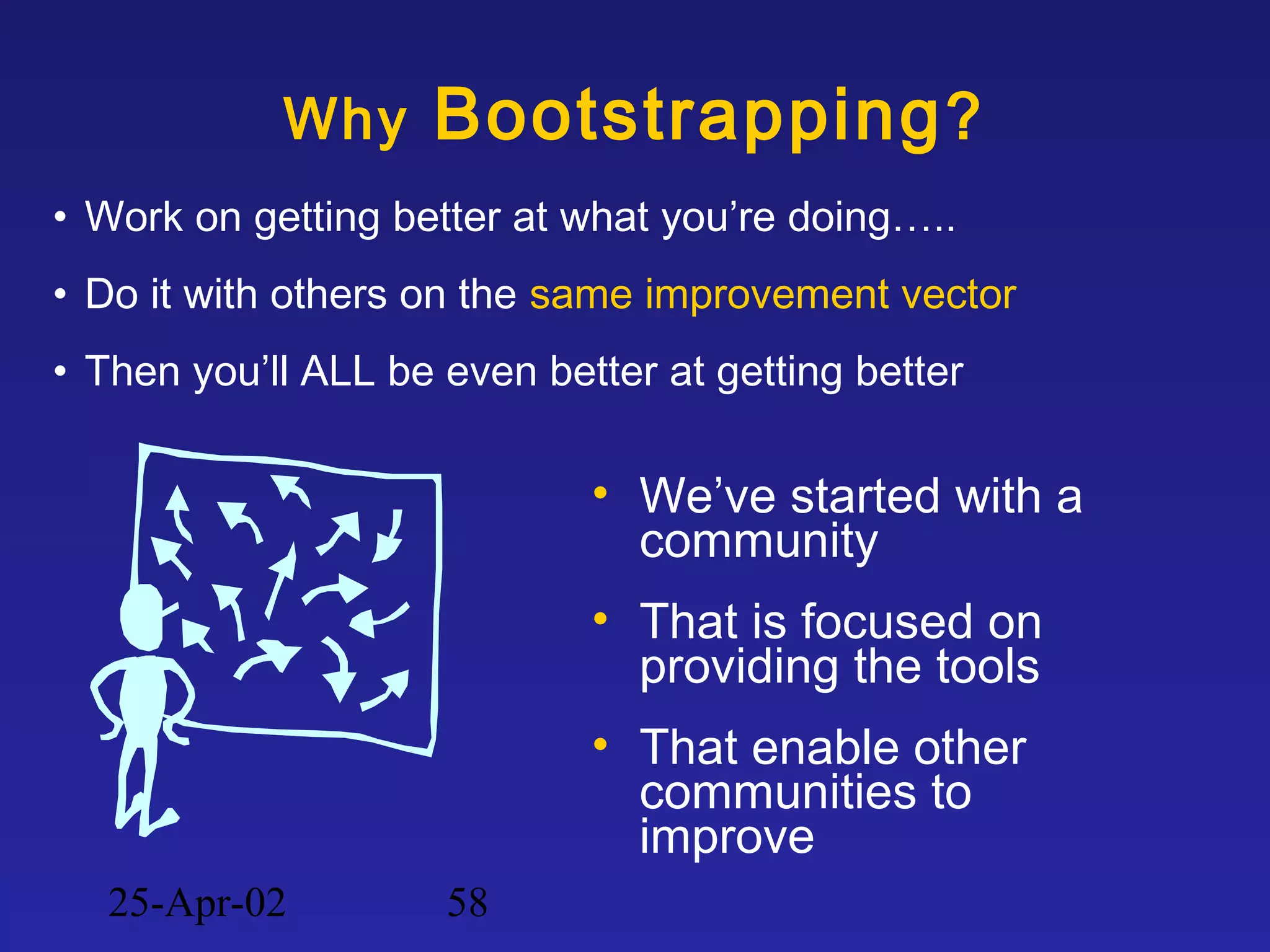 25-Apr-02 58
Why Bootstrapping?
• We’ve started with a
community
• That is focused on
providing the tools
• That enable other
communities to
improve
• Work on getting better at what you’re doing…..
• Do it with others on the same improvement vector
• Then you’ll ALL be even better at getting better
 