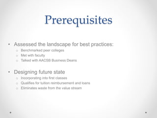 Prerequisites
• Assessed the landscape for best practices:
o Benchmarked peer colleges
o Met with faculty
o Talked with AACSB Business Deans
• Designing future state
o Incorporating into first classes
o Qualifies for tuition reimbursement and loans
o Eliminates waste from the value stream
 