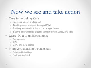 Now we see and take action
• Creating a pull system
o Improved use of CollegeNet
o Tracking each prospect through CRM
o Building relationships based on prospect need
o Staying connected to student through email, voice, and text
• Using Data to make changes
o Prerequisites
o GPA
o GMAT and GRE scores
• Improving academic successes
o Relationship building
o Real time feedback
 