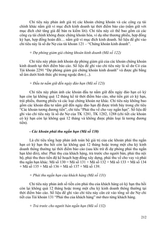 Chỉ tiêu này phản ánh giá trị các khoản chứng khoán và các công cụ tài
chính khác nắm giữ vì mục đích kinh doanh tại thời điểm báo cáo (nắm giữ với
mục đích chờ tăng giá để bán ra kiếm lời). Chỉ tiêu này có thể bao gồm cả các
công cụ tài chính không được chứng khoán hóa, ví dụ như thương phiếu, hợp đồng
kỳ hạn, hợp đồng hoán đổi… nắm giữ vì mục đích kinh doanh. Số liệu để ghi vào
chỉ tiêu này là số dư Nợ của tài khoản 121 – “Chứng khoán kinh doanh”.
+ Dự phòng giảm giá chứng khoán kinh doanh (Mã số 122)
Chỉ tiêu này phản ánh khoản dự phòng giảm giá của các khoản chứng khoán
kinh doanh tại thời điểm báo cáo. Số liệu để ghi vào chỉ tiêu này là số dư Có của
Tài khoản 2291 “Dự phòng giảm giá chứng khoán kinh doanh” và được ghi bằng
số âm dưới hình thức ghi trong ngoặc đơn (...).
+ Đầu tư nắm giữ đến ngày đáo hạn (Mã số 123)
Chỉ tiêu này phản ánh các khoản đầu tư nắm giữ đến ngày đáo hạn có kỳ
hạn còn lại không quá 12 tháng kể từ thời điểm báo cáo, như tiền gửi có kỳ hạn,
trái phiếu, thương phiếu và các loại chứng khoán nợ khác. Chỉ tiêu này không bao
gồm các khoản đầu tư nắm giữ đến ngày đáo hạn đã được trình bày trong chỉ tiêu
“Các khoản tương đương tiền”, chỉ tiêu “Phải thu về cho vay ngắn hạn”. Số liệu để
ghi vào chỉ tiêu này là số dư Nợ của TK 1281, TK 1282, 1288 (chi tiết các khoản
có kỳ hạn còn lại không quá 12 tháng và không được phân loại là tương đương
tiền).
- Các khoản phải thu ngắn hạn (Mã số 130)
Là chỉ tiêu tổng hợp phản ánh toàn bộ giá trị của các khoản phải thu ngắn
hạn có kỳ hạn thu hồi còn lại không quá 12 tháng hoặc trong một chu kỳ kinh
doanh thông thường tại thời điểm báo cáo (sau khi trừ đi dự phòng phải thu ngắn
hạn khó đòi), như: Phải thu của khách hàng, trả trước cho người bán, phải thu nội
bộ, phải thu theo tiến độ kế hoạch hợp đồng xây dựng, phải thu về cho vay và phải
thu ngắn hạn khác. Mã số 130 = Mã số 131 + Mã số 132 + Mã số 133 + Mã số 134
+ Mã số 135 + Mã số 136 + Mã số 137 + Mã số 139.
+ Phải thu ngắn hạn của khách hàng (Mã số 131)
Chỉ tiêu này phản ánh số tiền còn phải thu của khách hàng có kỳ hạn thu hồi
còn lại không quá 12 tháng hoặc trong một chu kỳ kinh doanh thông thường tại
thời điểm báo cáo. Số liệu để ghi vào chỉ tiêu này căn cứ vào tổng số dư Nợ chi
tiết của Tài khoản 131 “Phải thu của khách hàng” mở theo từng khách hàng.
+ Trả trước cho người bán ngắn hạn (Mã số 132)
212
 