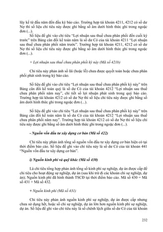 lũy kế từ đầu năm đến đầu kỳ báo cáo. Trường hợp tài khoản 4211, 4212 có số dư
Nợ thì số liệu chỉ tiêu này được ghi bằng số âm dưới hình thức ghi trong ngoặc
đơn (...).
Số liệu để ghi vào chỉ tiêu “Lợi nhuận sau thuế chưa phân phối đến cuối kỳ
trước” trên Bảng cân đối kế toán năm là số dư Có của tài khoản 4211 “Lợi nhuận
sau thuế chưa phân phối năm trước”. Trường hợp tài khoản 4211, 4212 có số dư
Nợ thì số liệu chỉ tiêu này được ghi bằng số âm dưới hình thức ghi trong ngoặc
đơn (...).
+ Lợi nhuận sau thuế chưa phân phối kỳ này (Mã số 421b)
Chỉ tiêu này phản ánh số lãi (hoặc lỗ) chưa được quyết toán hoặc chưa phân
phối phát sinh trong kỳ báo cáo.
Số liệu để ghi vào chỉ tiêu “Lợi nhuận sau thuế chưa phân phối kỳ này” trên
Bảng cân đối kế toán quý là số dư Có của tài khoản 4212 “Lợi nhuận sau thuế
chưa phân phối năm nay”, chi tiết số lợi nhuận phát sinh trong quý báo cáo.
Trường hợp tài khoản 4212 có số dư Nợ thì số liệu chỉ tiêu này được ghi bằng số
âm dưới hình thức ghi trong ngoặc đơn (...).
Số liệu để ghi vào chỉ tiêu “Lợi nhuận sau thuế chưa phân phối kỳ này” trên
Bảng cân đối kế toán năm là số dư Có của tài khoản 4212 “Lợi nhuận sau thuế
chưa phân phối năm nay”. Trường hợp tài khoản 4212 có số dư Nợ thì số liệu chỉ
tiêu này được ghi bằng số âm dưới hình thức ghi trong ngoặc đơn (...).
- Nguồn vốn đầu tư xây dựng cơ bản (Mã số 422)
Chỉ tiêu này phản ánh tổng số nguồn vốn đầu tư xây dựng cơ bản hiện có tại
thời điểm báo cáo. Số liệu để ghi vào chỉ tiêu này là số dư Có của tài khoản 441
“Nguồn vốn đầu tư xây dựng cơ bản”.
i) Nguồn kinh phí và quỹ khác (Mã số 430)
Là chỉ tiêu tổng hợp phản ánh tổng số kinh phí sự nghiệp, dự án được cấp để
chi tiêu cho hoạt động sự nghiệp, dự án (sau khi trừ đi các khoản chi sự nghiệp, dự
án); Nguồn kinh phí đã hình thành TSCĐ tại thời điểm báo cáo. Mã số 430 = Mã
số 431 + Mã số 432.
+ Nguồn kinh phí (Mã số 431)
Chỉ tiêu này phản ánh nguồn kinh phí sự nghiệp, dự án được cấp nhưng
chưa sử dụng hết, hoặc số chi sự nghiệp, dự án lớn hơn nguồn kinh phí sự nghiệp,
dự án. Số liệu để ghi vào chỉ tiêu này là số chênh lệch giữa số dư Có của tài khoản
232
 
