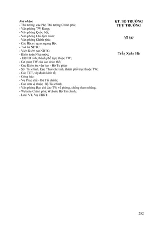 Nơi nhận:
- Thủ tướng, các Phó Thủ tướng Chính phủ;
- Văn phòng TW Đảng;
- Văn phòng Quốc hội;
- Văn phòng Chủ tịch nước;
- Văn phòng Chính phủ;
- Các Bộ, cơ quan ngang Bộ;
- Toà án NDTC;
- Viện Kiểm sát NDTC;
- Kiểm toán Nhà nước;
- UBND tỉnh, thành phố trực thuộc TW;
- Cơ quan TW của các đoàn thể;
- Cục Kiểm tra văn bản - Bộ Tư pháp
- Sở Tài chính, Cục Thuế các tỉnh, thành phố trực thuộc TW;
- Các TCT, tập đoàn kinh tế;
- Công báo;
- Vụ Pháp chế - Bộ Tài chính;
- Các đơn vị thuộc Bộ Tài chính;
- Văn phòng Ban chỉ đạo TW về phòng, chống tham nhũng;
- Website Chính phủ; Website Bộ Tài chính;
- Lưu: VT, Vụ CĐKT.
KT. BỘ TRƯỞNG
THỨ TRƯỞNG
(đã ký)
Trần Xuân Hà
282
 