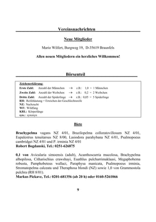 Vereinsnachrichten

                                    Neue Mitglieder

                   Mario Wilfert, Burgweg 19, D-35619 Braunfels

               Allen neuen Mitgliedern ein herzliches Willkommen!



                                      Börsenteil__                         _
  Zeichenerklärung:
  Erste Zahl: Anzahl der Männchen       →     z.B.: 1,0 = 1 Männchen
  Zweite Zahl: Anzahl der Weibchen      →     z.B.: 0,2 = 2 Weibchen
  Dritte Zahl: Anzahl der Spiderlinge   →     z.B.: 0,05 = 5 Spiderlinge
  RH: Reifehäutung = Erreichen der Geschlechtsreife
  NZ: Nachzucht
  WF: Wildfang
  KRL: Körperlänge
  syn.: synonyn


                                            Biete

Brachypelma vagans NZ 4/01, Brazilopelma colloratovillosum NZ 4/01,
Eupalestrus tenuitarsus NZ 8/00, Lasiodora parahybana NZ 6/01, Psalmopoeus
cambridgei NZ 4/01 und P. irminia NZ 4/01
Robert Bogdanski, Tel.: 0251-626875

0,1 von Avicularia simoensis (adult), Acanthoscurria mucolosa, Brachypelma
albopilosa, Citharischius crawshayi, Euathlus pulcharrimaklaasi, Megaphobema
robusta, Pamphobeteus wallaci, Paraphysa manicata, Psalmopoeus irminia,
Stromatopelma calceata und Theraphosa blondi (NZ) sowie 1,0 von Grammostola
pulchra (RH 8/01).
Markus Pickave, Tel.: 0201-681356 (ab 20 h) oder 0160-5261066


                                               9
 