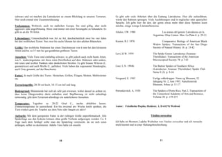 schwarz und rot machen die Latrodecten zu einem Blickfang in unseren Terrarien.        Es gibt sehr viele Arbeiten über die Gattung Latrodectus. Hier alle aufzuführen,
Hier noch einmal eine Zusammenfassung:                                                 würde den Rahmen sprengen. Viele Ausführungen sind in englischer oder spanischer
                                                                                       Sprache. Ich gebe hier für den, der gerne etwas mehr über diese Spinnen lesen
Vorkommen: Weltweit, auch im südlichen Europa. Sie sind giftig, aber nicht             möchte, einige wenige Literaturhinweise.
aggressiv oder angriffslustig. Bisse sind immer mit einer Serumgabe zu behandeln. Es
gibt so an die 50 Arten.                                                               Abalos, J.W. 1980                       Las aranas del genero Latrodectus en la
                                                                                                                       Argentina. Obra Centen. Mus. La Plata 6: p. 29-51
Lebensdauer: Unterschiedlich von Art zu Art, durchschnittlich zwei bis vier Jahre
bei den weiblichen Tieren. Nur zwei bis sechs Monate bei den adulten Männchen.         Kaston, B.J. 1970                        Comparative Biology of American Black
                                                                                                                       Widow Spiders. Transactions of the San Diego
Größe: Das weibliche Abdomen hat einen Durchmesser von 6 mm bei den kleineren                                          Society of Natural History 16: p. 33-82
Arten und bis zu 15 mm bei gut genährten größeren Tieren.
                                                                                       Levi, H.W. 1959                 The Spider Genus Latrodectus (Araneae :
Aussehen: Viele Tiere sind einfarbig schwarz, es gibt jedoch auch recht bunte Arten,                                   Theridiidae). Transactions of the American
wie L. tredecimguttatus mit ihren roten Herzflecken auf dem Abdomen oder andere,                                       Microscopical Society 78: p.7-43
mit roten und weißen Punkten oder dunkelroten Streifen. Es gibt braune Witwen (L.
geometricus) und auch Weiße (L. pallidus). Viele haben das sogenannte Stundenglas,     Lotz, L.N. 1994b                The Button Spiders of Southern Africa
auch Urne genannt, auf der Bauchseite.                                                                                 (Latrodectus: Araneae: Theridiidae). Spider Club
                                                                                                                       News 9 (3): p. 9-16
Futter: Je nach Größe des Tieres: Heimchen, Grillen, Fliegen, Motten, Mehlwürmer
etc.                                                                                   Norgaard, E. 1993               Farlige edderkopper. Natur og Museum, 32.
                                                                                                                       Jahrgang Nr. 2, Juni 1993. Naturhistorisk
Terrariengröße: 20-30 cm hoch, 10-15 cm tief und lang.                                                                 Museum, Arhus: p. 11-17

Bodengrund: Blumenerde hat sich als sehr gut erwiesen, wobei darauf zu achten ist,     Petrunkevitch, A. 1930          The Spiders of Porto Rico, Part 2, Transactions of
dass keine Düngezusätze darin enthalten sind. Bepflanzung ist nicht unbedingt                                          the Connecticut Adademy of Arts and Sciences,
notwendig, gibt dem Terrarium allerdings ein natürlicheres Aussehen.                                                   Volume 30: p. 159-355

Temperatur: Tagsüber ca. 20-22 Grad C., nachts abkühlen lassen.
Zimmertemperatur ist ausreichend. Ein bis zweimal pro Woche leicht sprühen, die        Autor: Friedhelm Piepho, Heidestr. 1, D-61276 Weilrod
Tiere trinken gern die Tropfen aus dem Netz oder fangen sie aktiv!

Aufzucht: Mit dem geeigneten Futter in der richtigen Größe unproblematisch. Alle                                      Vitalius sorocabae
Spiderlinge aus den Kokons können ohne große Verluste aufgezogen werden. Ca. 8
Tage nach dem Schlupf sollte man die Spiderling vereinzeln, da sie sich sonst          Ich habe im Moment 2 adulte Weibchen von Vitalius sorocabae und ich versuche
anfangen, selber zu dezimieren. Adulte Tiere halte ich einzeln.                        mich hiermit mal in einer Haltungsbeschreibung.




                                        10                                                                                    11
 