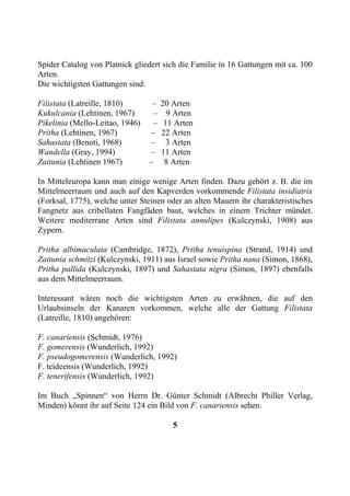 Spider Catalog von Platnick gliedert sich die Familie in 16 Gattungen mit ca. 100
Arten.
Die wichtigsten Gattungen sind:

Filistata (Latreille, 1810)       –   20 Arten
Kukulcania (Lehtinen, 1967)       –     9 Arten
Pikelinia (Mello-Leitao, 1946)    –    11 Arten
Pritha (Lehtinen, 1967)          –    22 Arten
Sahastata (Benoti, 1968)         –      3 Arten
Wandella (Gray, 1994)            –    11 Arten
Zaitunia (Lehtinen 1967)         –     8 Arten

In Mitteleuropa kann man einige wenige Arten finden. Dazu gehört z. B. die im
Mittelmeerraum und auch auf den Kapverden vorkommende Filistata insidiatrix
(Forksal, 1775), welche unter Steinen oder an alten Mauern ihr charakteristisches
Fangnetz aus cribellaten Fangfäden baut, welches in einem Trichter mündet.
Weitere mediterrane Arten sind Filistata annulipes (Kulczynski, 1908) aus
Zypern.

Pritha albimaculata (Cambridge, 1872), Pritha tenuispina (Strand, 1914) und
Zaitunia schmitzi (Kulczynski, 1911) aus Israel sowie Pritha nana (Simon, 1868),
Pritha pallida (Kulczynski, 1897) und Sahastata nigra (Simon, 1897) ebenfalls
aus dem Mittelmeerraum.

Interessant wären noch die wichtigsten Arten zu erwähnen, die auf den
Urlaubsinseln der Kanaren vorkommen, welche alle der Gattung Filistata
(Latreille, 1810) angehören:

F. canariensis (Schmidt, 1976)
F. gomerensis (Wunderlich, 1992)
F. pseudogomerensis (Wunderlich, 1992)
F. teideensis (Wunderlich, 1992)
F. tenerifensis (Wunderlich, 1992)

Im Buch „Spinnen“ von Herrn Dr. Günter Schmidt (Albrecht Philler Verlag,
Minden) könnt ihr auf Seite 124 ein Bild von F. canariensis sehen.

                                         5
 