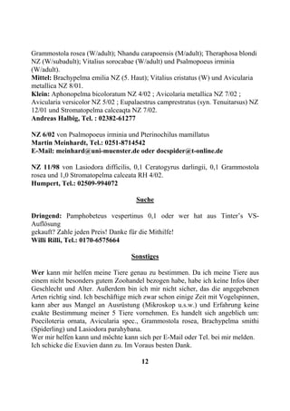 Grammostola rosea (W/adult); Nhandu carapoensis (M/adult); Theraphosa blondi
NZ (W/subadult); Vitalius sorocabae (W/adult) und Psalmopoeus irminia
(W/adult).
Mittel: Brachypelma emilia NZ (5. Haut); Vitalius cristatus (W) und Avicularia
metallica NZ 8/01.
Klein: Aphonopelma bicoloratum NZ 4/02 ; Avicolaria metallica NZ 7/02 ;
Avicularia versicolor NZ 5/02 ; Eupalaestrus camprestratus (syn. Tenuitarsus) NZ
12/01 und Stromatopelma calceaqta NZ 7/02.
Andreas Halbig, Tel. : 02382-61277

NZ 6/02 von Psalmopoeus irminia und Pterinochilus mamillatus
Martin Meinhardt, Tel.: 0251-8714542
E-Mail: meinhard@uni-muenster.de oder docspider@t-online.de

NZ 11/98 von Lasiodora difficilis, 0,1 Ceratogyrus darlingii, 0,1 Grammostola
rosea und 1,0 Stromatopelma calceata RH 4/02.
Humpert, Tel.: 02509-994072

                                     Suche

Dringend: Pamphobeteus vespertinus 0,1 oder wer hat aus Tinter’s VS-
Auflösung
gekauft? Zahle jeden Preis! Danke für die Mithilfe!
Willi Rilli, Tel.: 0170-6575664

                                   Sonstiges

Wer kann mir helfen meine Tiere genau zu bestimmen. Da ich meine Tiere aus
einem nicht besonders gutem Zoohandel bezogen habe, habe ich keine Infos über
Geschlecht und Alter. Außerdem bin ich mir nicht sicher, das die angegebenen
Arten richtig sind. Ich beschäftige mich zwar schon einige Zeit mit Vogelspinnen,
kann aber aus Mangel an Ausrüstung (Mikroskop u.s.w.) und Erfahrung keine
exakte Bestimmung meiner 5 Tiere vornehmen. Es handelt sich angeblich um:
Poeciloteria ornata, Avicularia spec., Grammostola rosea, Brachypelma smithi
(Spiderling) und Lasiodora parahybana.
Wer mir helfen kann und möchte kann sich per E-Mail oder Tel. bei mir melden.
Ich schicke die Exuvien dann zu. Im Voraus besten Dank.

                                       12
 