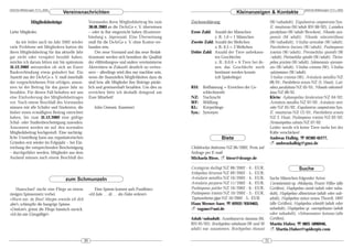 DeArGe Mitteilungen 7(11), 2002                                                                                                                                                    DeArGe Mitteilungen 7(11), 2002
                                    Vereinsnachrichten                                                                             Kleinanzeigen & Kontakte
                Mitgliedsbeiträge                     Vorstandes ihren Mitgliedsbeitrag bis zum        Zeichenerklärung:                                    (W/subadult); Eupalaestrus campestratus Syn.
                                                      30.01.2003 an die DeArGe e. V. überwiesen                                                             E. tenuitarsus (M/adult RH 08/02); Lasiodora
Liebe Mitglieder,                                     – oder in Bar eingereicht haben (Kontover-       Erste Zahl: Anzahl der Männchen                      parahybana (W/adult/Brocken); Nhandu cara-
                                                      bindung s. Impressum). Eine Überweisung                       z. B.: 1,0 = 1 Männchen                 poensis (M adult); Nhandu coloratovillosus
    da wir leider auch im Jahr 2002 wieder            muß für die DeArGe e. V. ohne Kosten ver-        Zweite Zahl: Anzahl der Weibchen                     (W/subadult); Vitalius sorocabae (W/adult);
viele Probleme mit Mitgliedern hatten die             bunden sein.                                                  z. B.: 0,3 = 3 Weibchen                 Poecilotheria fasciata (W/adult); Psalmopoeus
ihren Mitgliedsbeitrag für das aktuelle Jahr              Der neue Vorstand und das neue Redak-        Dritte Zahl: Anzahl der Tiere unbekann-              irminia (W/adult); Pterinochilus sjostedti (W
gar nicht oder verspätet bezahlt haben,               tionsteam werden sich bemühen die Qualität                    ten Geschlechts                         /adult); Pterinochilus spinifer (W/adult); Thrixo-
möchte ich darum bitten mir bis spätestens            der »Mitteilungen« und andere vereinsinterne                  z. B.: 0,0,6 = 6 Tiere bei de-          pelma pruriens (W/adult); Selenocosmia »javanen-
31.12.2002 mitzuteilen ob sich an Eurer               Aktivitäten in Zukunft deutlich zu verbes-                    nen das Geschlecht noch                 sis« (W/adult); Vitalius cristatus (W); Vitalius
Bankverbindung etwas geändert hat. Ein                sern – allerdings wird dies nur machbar sein,                 bestimmt werden konnte                  »platyomma« (W/adult).
Austritt aus der DeArGe e. V. muß innerhalb           wenn die finanziellen Möglichkeiten dazu da                   (oft Spiderlinge)                       Vitalius cristatus (W); Avicularia metallica NZ
der vorgeschriebenen Frist erfolgen, anson-           sind bzw. alle Mitglieder ihre Beiträge pünkt-                                                        08/01; Poecilotheria ornata NZ (5. Haut); Lasi-
sten ist der Beitrag für das ganze Jahr zu            lich und gewissenhaft bezahlen. Um dies zu       RH:   Reifhäutung = Erreichen der Ge-                odora parahybana NZ 05/01; Nhandu coloratovil-
bezahlen. Für diesen Fall behalten wir uns            erreichen bitte ich deshalb dringend um                schlechtsreife                                 losus NZ 08/01.
eine Einforderung des Mitgliedsbeitrages              Eure Mitarbeit!                                  NZ: Nachzucht                                        Klein: Aphonopelma bicoloratum NZ 04/02;
vor. Nach einem Beschluß des Vorstandes                                                                WF: Wildfang                                         Avicularia metallica NZ 07/02; Avicularia versi-
müssen mir alle Schüler und Studenten, die               John Osmani, Kassenwart                       KL: Körperlänge                                      color NZ 05/02; Eupalaestrus campestratus Syn.
bisher einen ermäßigten Beitrag entrichtet                                                             Syn.: Synonym                                        E. tenuitarsus NZ 12/01; Poecilotheria ornata
haben, bis zum 31.12.2002 eine gültige                                                                                                                      NZ 2. Haut; Psalmopoeus irminia NZ 02/02;
Schul- oder Studienbescheinigung zusenden.                                                                                                                  Stromatopelma calceata NZ 07/02.
Ansonsten werden sie auf den normalen                                                                                                                       Leider werde ich keine Tiere mehr bei der
Mitgliedsbeitrag hochgestuft. Eine nachträg-                                                                                                                Kälte verschicken!
liche Umstellung kann aus organisatorischen                                                                                Biete                            Andreas Halbig, ℡ 02382-61277,
Gründen erst wieder im Folgejahr – bei Ein-                                                                                                                 ! andreashalbig@gmx.de
reichung der entsprechenden Bescheinigung                                                              Chilobrachys fimbriatus NZ 06/2002, Preis auf
– durchgeführt werden. Mitglieder aus dem                                                              Anfrage per E-mail
Ausland müssen nach einem Beschluß des                                                                 Michaela Biese, ! biese@dearge.de

                                                                                                       Ceratogyrus darlingi NZ 08/2002 - 4,- EUR,                              Suche
                                                                                                       Iridopelma hirsutum NZ 09/2002 - 5,- EUR;
                                     zum Schmunzeln                                                    Avicularia metallica NZ 10/2002 - 4,- EUR,           Suche Männchen folgender Arten:
                                                                                                       Avicularia purpurea NZ 11/2002 - 6,- EUR,            Coremiocnemis sp. »Malaysia, Frazer Hills« (alle
    Haarscharf zischt eine Fliege an einem                Eine Spinne kommt aufs Fundbüro:             Psalmopoeus pulcher NZ 10/2002 - 6,- EUR,            Größen), Haplopelma costale (adult oder suba-
riesigen Spinnennetz vorbei.                          »Ich habe … äh … den Faden verloren!«            Psalmopoeus irminia NZ 10/2002 - 3,- EUR,            dult), Haplopelma albostriatum (adult oder sub-
»Warte nur, du Biest! Morgen erwische ich dich                                                         Tapinauchenius gigas NZ 10/2002 - 5,- EUR.           adult), Haplopelma minax sensu Thorell, 1897
aber!«, schimpfte die hungrige Spinne.                                                                 Hans Werner Auer, ℡ 02932/9319463,                   (alle Größen), Haplopelma schmidti (adult oder
»Denkste!«, grinst die Fliege hämisch zurück.                                                          ! vagans@uni.de                                      subadult), Haplopelma sp. »aureopilosum« (adult
»Ich bin eine Eintagsfliege!«                                                                                                                               oder subadult), »Selenocosmia« hainana (alle
                                                                                                       Adult/subadult: Acanthoscurria chacoana (M,          Größen).
                                                                                                       RH 05/02); Brachypelma sabulosum (W und M            Martin Huber, ℡ 0821-5896946,
                                                                                                       adult) nur zusammen; Brachypelma rhunaui             ! Martin.Huber@spiderpix.com

                                                 30                                                                                                    31
 