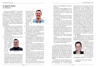 DeArGe Mitteilungen 7(11), 2002                                                                                                                                                      DeArGe Mitteilungen 7(11), 2002




In eigener Sache                                                                                               Medien (z. B. Zeitungsartikel, Fernsehbe-       (www.dearge.de). Zum Beispiel sollen alte
                                                                                                               richte usw.).                                   Ausgaben der DeArGe Mitteilungen im Mit-
die Redaktion
                                                                                                             • Leserbriefe: Für jedes Mitglied der DeAr-       gliederbereich unserer Homepage zum
                                                                                                               Ge besteht hier die Möglichkeit, der Öf-        Download zur Verfügung gestellt werden.
    Wie Sie, liebe Mitglieder der Deutschen                Ve r s a n d t a s c h e n ,                        fentlichkeit mitzuteilen, was ihm »auf          Auch ist beabsichtigt, aktuelle Artikel im
Arachnologischen Gesellschaft e. V., sehen kön-            Etiketten usw.) in                                  dem Herzen liegt« (z. B. Kritik, Lob,           öffentlichen Bereich der Homepage zum
nen, hat sich am Erscheinungsbild unseres                  eine bunt bebilder-                                 Hinweise usw.).                                 Teil abzudrucken mit dem Hinweis, dass der
Publikationsorgans, den »DeArGe Mitteilun-                 te Doppelseite für                                • Vereinsnachrichten: Wie gewohnt infor-          vollständige Artikel in den DeArGe Mitteilun-
gen«, einiges geändert. Durch die Wahl von                 das Magazin zu re-                                  mieren wir die Mitglieder über aktuelle         gen nachzulesen ist. Durch dieses »Schnuppe-
Volker von Wirth zum neuen Pressewart                      investieren,                                        Vereinsinterna der Deutschen Arachnologi-       rangebot« wollen wir Nicht-Mitglieder neu-
wurde er u. a. mit der Herausgabe und Be-                  ohne dafür                                          schen Gesellschaft e. V..                       gierig auf mehr machen, wodurch wir uns
treuung unseres Magazins beauftragt. Um                    die Mitglieds-                                    • Zum Schmunzeln: Diese Rubrik dient              einen Mitgliederzuwachs erhoffen. Sollten
diese Aufgabe in Zukunft zufriedenstellend                 beiträge er-                                        ein wenig zur Auflockerung des Maga-            wir übermäßig viele Artikel oder Bilder ein-
umzusetzen, werden folgende Änderungen                     höhen          zu            Volker von Wirth       zins. In ihr soll die Spinne im Humor, in       gereicht bekommen, werden evtl. einige die-
durchgeführt:                                              müssen.                                             Form von kleinen Witzen oder auch lus-          ser Artikel und Bilder in den DeArGe Mittei-
1.) Die Redaktion wurde um zwei Mitarbei-             3.) Das Layout der DeArGe Mitteilungen wur-              tigen Comics, gezeigt werden.                   lungen nur zum Teil abgedruckt. Der restliche
    ter(innen) erweitert, nämlich Herrn Mar-               de einem moderneren Stil angepasst.               • Kleinanzeigen & Kontakte: In der Klein-         Artikel wird dann im Mitgliederbereich unse-
    tin Huber, der im wesentlichen für die                 Hierfür zeichnet sich Martin Huber aus,             anzeigenbörse finden Mitglieder auch            rer Homepage zur weiteren Ansicht bzw.
    Gestaltung des Layout zuständig ist und                der modernste Computerprogramme zur                 weiterhin kostenlos einen Platz und Ge-         zum Download zur Verfügung gestellt. Dies
    Frau Michaela Biese, die sich für die Ver-             Gestaltung des Layout benutzt.                      legenheit, alles rund um Spinnentiere an-       erspart Platz und wird mittlerweile von vie-
    waltung der Kleinanzeigen, Leserbriefe            4.) Folgende zum Teil neue Rubriken wird                 zubieten bzw. zu suchen.                        len Gesellschaften in ähnlicher Art und Wei-
    und externen Vereinskontakte verant-                   es neben den Artikeln zukünftig in den            • Börsentermine: Der Name ist Programm            se durchgeführt.
    wortlich zeichnet.                                     DeArGe Mitteilungen geben:                          – Informationen zu bevorstehenden                   Im Mitgliederbereich der Homepage
2.) Die DeArGe Mitteilungen werden in Zu-                • kürzlich publiziert: In dieser Rubrik wird          Börsen.                                         werden diejenigen Fotos, die im Magazin aus
    kunft alle 2 Monate                                    regelmäßig über neue Publikationen zum            • Stammtische: Hier finden Sie in kompri-         Kostengründen leider nur in schwarz-weiß
    erscheinen. Die ef-                                    Thema »Spinnen« aus anderen Fachzeit-               mierter Form alle wichtigen Informatio-         abgebildet werden können, auch nochmals in
    fektive Seitenzahl                                     schriften in Form einer kurzen Inhaltsan-           nen zu den uns bekannten Vogelspinnen-                           Farbe zu sehen sein.
    wurde       jedoch                                     gabe berichtet.                                     stammtischen in Deutschland.                                            Wir hoffen, dass Ihnen
    nicht verändert, d.                                  • neues aus dem Netz: Die Mitglieder kön-                                                                                   die Änderungen zusagen
    h. jede Ausgabe                                        nen hier z. B. die eigene Homepage kurz             Alle diese genannten Rubriken haben nur                                und würden uns über
    wird somit dop-                                        beschreiben und präsentieren oder auch          dann eine Chance sich zu etablieren, wenn                                   eine Rückmeldung zu
    pelt so viele                                          andere interessante Spinnenseiten, die          von Ihnen, liebe Mitglieder, eine entspre-                                 den Veränderungen
    Seiten                                                 nicht von Mitgliedern verwaltet werden,         chende Mitarbeit gezeigt wird! Die DeArGe                                und weitere Verbesser-
    wie bis-                                               vorstellen.                                     Mitteilungen sind auch weiterhin ein Magazin                                  ungsvorschläge,
                           Michaela Biese
    her be-                                              • Vereine informieren: In dieser Rubrik           von Mitgliedern für Mitglieder, das von der                                    sowie eine rege Zu-
    sitzen.                                                wird ein Forum für andere Spinnen- und          Mitarbeit aller lebt. Die Aufgabe der Redak-                                   sammenarbeit mit
    Durch die zweimonatige Erscheinungs-                   Vogelspinnenvereine (z. B. die zahlrei-         tion ist primär die Koordination und Orga-                 Martin Huber        den Vereinsmitglie-
    weise bekommen wir (die Redaktion)                     chen »Stammtische«) entstehen, um sich          nisation der eingehenden Artikel, damit re-                                    dern der Deutschen
    mehr Spielraum zur Recherche, zur Bear-                vorzustellen und über aktuelle Aktivitä-        gelmäßig ein ausgewogenes Magazin er-               Arachnologischen Gesellschaft e. V. sehr freuen.
    beitung und Korrektur der eingehenden                  ten (z. B. Vorträge, Bestimmungskurse,          scheint.
    Artikel, was der Qualität der selben nur               Börsen etc.) zu berichten.                          In Zukunft ist auch eine stärkere Vernet-          Viel Spaß beim Lesen dieser Ausgabe!
    zuträglich sein kann. Weiterhin ist es               • Presse & Medien: Wir berichten hier             zung zwischen den DeArGe Mitteilungen und              die Redaktion
    möglich, die eingesparten Kosten (Porto,               über Spinnen in der Presse und in den           der Homepage der DeArGe geplant
                                                  4                                                                                                        5
 