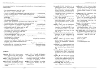 DeArGe Mitteilungen 7(11), 2002                                                                                                                                                                                 DeArGe Mitteilungen 7(11), 2002



Bestimmungsschlüssel zur Identifizierung der Weibchen der im Zoohandel angebotenen                                                 P ETERS , H.-J. (1999): Handelt es sich bei             VON  W IRTH , V. (1991): Eine neue Vogel-
Ornithoctoninae:                                                                                                                      Selenocosmia huwena Wang, Peng &                        spinnenart aus Vietnam Haplopelma
                                                                                                                                      Xie, 1993, die in der chinesischen Spin-                schmidti sp. n. (Araneae: Theraphosidae:
1.  Bein IV deutlich länger als Bein I (RF: ~ 89) . . . . . . . . . . . . . . . . . . . . . . . . . . . . . . . . . . . 2             nengift-Forschung Verwendung findet,                    Ornithoctoninae). Arachnol. Anz. (18): 6-
-   Bein IV etwa so lang wie Bein I (RF: ~ 98) . . . . . . . . . . . . . . . . . . . . . . . . . . . . . . . . . . . . . 4            wirklich um eine Selenocosmia oder um                   11.
2.  Kopfteil des Carapax flach, Carapax beige, Augenhügel rechteckig . . . . Ornithoctoninae sp.                                      Haplopelma schmidti Von Wirth, 1991?                 VON WIRTH, V. (1996). Vogelspinnen. Graefe
-   Kopfteil des Carapax gebogen, Carapax dunkel, Augenhügel oval . . . . . . . . . . . . . . . . . . 3                               Arachnol. Mag. 7, (7): 7-13.                            & Unzer Verlag, München.
3.  Beine blau irisierend . . . . . . . . . . . . . . . . . . . . . . . . . . . . . . . . . . . . . . . . . . Haplopelma lividum   S CHMIDT, G. (1993): Vogelspinnen. Land-                W ANG , J. F., X. J. P ENG & L. P. X IE .
-   Beine braun . . . . . . . . . . . . . . . . . . . . . . . . . . . . . . . . . . . . . . . . . . Haplopelma sp. »longipedum«       buch – Verlag, Hannover.                                (1993): One new species of the genus
4.  Spermathek einlappig ungeteilt . . . . . . . . . . . . . . . . . . . . . . . . . . . . . . . . . . . . . . . . . . . . . . 5   SCHMIDT, G. (1998): Eine neue Haplopel-                    Selenocosmia from south China (Ara-
-   Spermathek zweilappig geteilt . . . . . . . . . . . . . . . . . . . . . . . . . . . . . . . . . . . . . . . . . . . . . . 10      ma-Art aus Thailand? (Araneae: Thera-                   neae, Theraphosidae). Acta Sci. nat. Univ.
5.  Deutlich dichte Haarbürste an der retrolateralseite der Femora der Beine . . . . . . . . . . . . 6                                phosidae: Ornithoctoninae). Arachnol.                   norm. Hunan (16): 72-74.
-   Retrolateralseite der Femora der Beine ohne deutliche Haarbürste . . . . . . . . . . . . . . . . . . 7                            Mag. 6, (3): 1-8.                                    WEBB, A. (1993): Vogelspinnen. Heselhaus &
6.  Carapax hell beige bis gelb, hell braune Abdominalfärbung . . . . . . . . . . Haplopelma schmidti                              SIMON, E. (1887): Etude sur les arachnides                 Schmidt Verlag, Münster.
-   Carapax dunkel, moos grünlich, Abdominalfärbung dunkel . . . . . . . .»Selenocosmia« hainana                                      de l'Asie méridionale faisant partie des             W HEELER , Q. R. M. (2000): Species con-
7.  Oberseite von Patella und Tibia der Beine mit zwei                                                                                collections de l'Indiam Museum (Calcut-                 cepts and phylogenetic Theory – A De-
    deutlichen weißen Längsstreifen versehen . . . . . . . . . . . . . . . . . . . . . Haplopelma albostriatum                        ta). I. Arachnides reculeeis à Tavoy (Ten-              bate. Columbia University Press, New York.
- Oberseite der Beine ohne deutliche Längsstreifen . . . . . . . . . . . . . . . . . . . . . . . . . . . . . . . 8                    asserim) par Moti Ram. J. asiat. Soc. Bengal         ZHU, M. S. D. X. S. (2000): Taxonomic stu-
8. Spermathek ohne deutliche Delle in der Mitte,                                                                                      (56): 101-117.                                          dy on Selenocosmia huwena Wang et al.,
    Beine einheitlich schwarz gefärbt . . . . . . . . . . . . . . . . . . . . . . . . . . . . . . . .Haplopelma minax              SIMON, E. (1901): On the Arachnida collec-                 1993 (Araneae: Theraphosidae: Orni-
- Spermathek mit deutlicher Delle in der Mitte . . . . . . . . . . . . . . . . . . . . . . . . . . . . . . . . . . . 9                ted during the Skeat expedition to the                  thoctoninae). J. Hubei Univ. (20): 53-56.
9. Außenseiten der Patella und Tibia der Beine mit orangenem Haarsaum,                                                                Malay Peninsula. Proc. zool. Soc. Lond. (2):
    ohne deutliche helle Gelenkringe                                                                                                  45-84.                                                  Adresse des Autors:
    zwischen den Beinsegmenten . . . . . . . . . . . . . . . . . . . . . . . . . . Haplopelma sp. »aureopilosum«                   SMITH, A. (1996): A new species of Haplo-                  Volker von Wirth
- Außenseiten der Patella und Tibia der Beine ohne orangenem                                                                          pelma (Araneae: Theraphosidae), with                    Goethestr. 21
    Haarsaum, deutliche helle Gelenkringe zwischen                                                                                    notes on two close relatives. Mygalomorph               71737 Kirchberg a. d. Murr
    den Beinsegmenten . . . . . . . . . . . . . . . . . . . . . . . . . . . . . . . Haplopelma sp. »aureopilosum var.«                (1): 21-32.
10. Beinunterseiten der Vorderbeine blau irisierend . . . . . . . . . . . . . . . . Lampropelma violaceopes                        STRAND, E. (1907): Aviculariidae und Atypi-
- Beinunterseiten der Vorderbeine braun . . . . . . . . . . . . . . . . . . . . . . . . Cyriopagopus schioedtei                       dae des Kgl. Naturalienkabinetts in Stutt-
                                                                                                                                      gart. Jahresh. Ver. Naturk. Württbg. (63): 1-
                                                                                                                                      100.
                                                                                                                                   THORELL, T. (1891): Spindlar från Nikoba-
LITERATUR:                                                                                                                            rerna och andra delar af södra Asien.
                                                                                                                                      Kongl. Svenska. Vet.-Acad. Handl 24, (2): 1-
A BRAHAM , H. C. (1924): Some mygalo-                              LIANG, S. P., X. J. PENG, R. H. HUANG &                            149.
   morph spiders from the Malay Peninsula.                            P. CHEN. (1999): Biochemical identifica-                     THORELL, T. (1897): Viaggio di Leonardo
   Proc. zool. Soc. Lond. (1924): 1091-1124.                          tion of Selenocosmia hainana sp. nov.                           Fea in Birmania e regioni vicine. LXXIII.
KLAAS , P. (1989): Vogelspinnen im Terrari-                           from south China (Araneae, Theraphosi-                          Secondo saggio sui Ragni birmani. I. Par-
   um. Eugen Ulmer & Co., Stuttgart.                                  dae). Life Sci. Res. (3): 299-303.                              allelodontes. Tubitelariae. Ann. Mus. civ.
KRAUS, O. (2000): Internationale Regeln für                        MAYR, E. (1975): Grundlagen der zoologi-                           stor. nat. Genova 2, (17): 161-267.
   die zoologische Nomenklatur 4. Auflage.                            schen Systematik. Paul Parey Verlag, Ham-                    VERDEZ, J. M. F. C. (2001): Mygales. Borne-
   Kommissionsverlag Goecke & Evers, Keltern                          burg und Berlin.                                                mann – Philippe Gérard Éditions, Paris.
   – Weiler.
                                                              12                                                                                                                      13
 