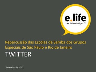 Repercussão das Escolas de Samba dos Grupos
Especiais de São Paulo e Rio de Janeiro
TWITTER
Fevereiro de 2012
 