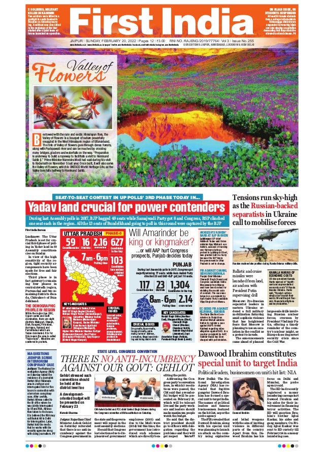 JAIPUR l SUNDAY, FEBRUARY 20, 2022 l Pages 12 l 3.00 RNI NO. RAJENG/2019/77764 l Vol 3 l Issue No. 255
www.firstindia.co.in I www.firstindia.co.in/epaper/ I twitter.com/thefirstindia I facebook.com/thefirstindia I instagram.com/thefirstindia OUR EDITIONS: JAIPUR, AHMEDABAD, LUCKNOW & NEW DELHI
2 SOLDIERS, MILITANT
KILLED IN KASHMIR
Two soldiers were killed in a
gunfight in south Kashmir’s
Shopian on Saturday morn-
ing. A militant was also killed
in the exchange of fire that
started after a joint team of
forces launched an operation.
ON HIJAB ISSUE, 58
STUDENTS SUSPENDED
At least 58 female students
from a college in Karnataka’s
Shivamogga district were
suspended for wearing hijab
and also staging an agitation
demanding that they should be
allowed to attend classes. P6
estowed with the rare and exotic Himalayan flora, the
Valley of Flowers is a bouquet of nature peacefully
snuggled in the West Himalayan region of Uttarakhand.
The trek of Valley of flowers goes through dense forests,
along with Pushpawati river and can be reached by crossing
many bridges, glaciers and waterfalls on the way. “Preparation
is underway to build a ropeway to facilitate a visit to Hemkund
Sahib ji,” Prime Minister Narendra Modi had said during his visit
to Kedarnath on November 5 last year. Once built, it will also serve
the Valley of Flowers, which is UNESCO World Heritage Site, as the
Valley trek falls halfway to Hemkund Sahib.
B
THERE IS NO ANTI-INCUMBENCY
AGAINST OUR GOVT: GEHLOT
Naresh Sharma
Jaipur:RajasthanChief
Minister Ashok Gehlot
on Saturday reiterated
that there is no anti-in-
cumbency against the
Congressgovernmentin
the state and the govern-
ment will repeat in the
next assembly elections.
He said that Congress
lost elections due to dis-
pleasure of government
employees (2003) and
due to the Modi wave
(2014) but this time, the
government has intro-
duced such schemes
which are directly ben-
efiting the public.
Addressing the Con-
gressparty’sconvention
here, in which 3 resolu-
tions were passed, the
CM said that a wonder-
ful budget will be pre-
sented on February 23,
which will be telecast
live and the party work-
ers and leaders should
make maximum people
watch the budget.
He said that the dis-
trict president should
go to officers with dele-
gation regarding the
problems and they will
get respect Turn to P7
STATE LEVEL CONGRESS CONVENTION
CM Ashok Gehlot and PCC chief Govind Singh Dotasra during
the Congress convention at Birla auditorium on Saturday.
Gehlot stressed such
conventions should
be held at the
district level too
A development-
oriented budget will
be presented on
February 23
SEAT-TO-SEAT CONTEST IN UP POLLS’ 3RD PHASE TODAY IN...
AKHILESH’S ‘ASHISH’
BARB AT BJP IN KHERI
Lakhimpur: SP chief
Akhilesh Yadav said Union
minister Ajay Mishra’s son
Ashish, accused of running
over farmers during a
protest in Lakhimpur Kheri,
was granted bail in a hurry
because the BJP knew
the government in Uttar
Pradesh is set to change.
EC SEEKS FIR AGAINST
KEJRIWAL, SUKHBIR
The State Election Com-
mission in Punjab has
directed Mohali adminis-
tration to register a case
against AAP’s Arvind
Kejriwal regarding video
allegation against SAD. In a
counter complaint by AAP,
Sukhbir Badal has been
charged with poll violation.
FIR AGAINST CHANNI,
SIDHU MOOSEWALA
Punjab Chief Minister
Charanjit Singh Channi and
Congress candidate Sidhu
Moosewala from Mansa
seat have been booked for
violating the model code
of conduct. The case was
lodged on a complaint by
Aam Aadmi Party candidate
Vijay Singla from Mansa.
First India Bureau
Lucknow: The Uttar
Pradesh is set for cru-
cial third phase of poll-
ing in Yadav land in 59
Assembly constituen-
cies on Sunday
.
In view of the high
sensitivity of the re-
gion, tight security ar-
rangements have been
made for free and fair
elections.
Third phase is in
fact gateway to remain-
ing four phases in
central-Awadh region,
Purvanchal and two re-
maining districts -Ban-
da, Chitrakoot- of Bun-
delkhand.
THE DEMOGRAPHIC
PROFILE IN REGION
While the region has OBC,
Upper castes and Dalit
domination, there are eight
districts Mainpuri, Etawah,
Etah, Kasganj, Firozabad,
Aurrayya, Kannauj and
Farrukhabad which are
Yadav dominated. It is for
this reason the area is called
“Yadav land”. Muslims are
scattered in pockets.
Yadav land crucial for power contenders
During last Assembly polls in 2017, BJP bagged 49 seats while Samajwadi Party got 8 and Congress, BSP clinched
one seat each in the region. All the 13 seats of Bundelkhand going to poll in this round were captured by the BJP
Will Amarinder be
king or kingmaker?
...or will AAP hurt Congress
prospects, Punjab decides today
2.14
crore voters
8am-6pm
Polling time
117
Constituencies
23
Districts
1,304
Candidates in the fray
PUNJAB
Drug mafia, liquor mafia,
transport mafia, cable
mafia, farmers’ distress,
corruption, illegal sand min-
ing and rising state’s debt
CRUCIAL ISSUES
Navjot Singh Sidhu (Amritsar
East), Bhagwant Mann (Dhuri),
Charanjit Singh
Channi (Bhadaur,
Chamkaur Sahib),
Sukhbir Singh Badal
(Jalalabad), Capt
Amarinder Singh (Patiala),
Parakash Singh Badal (Lambi)
KEY CANDIDATES
During last Assembly polls in 2017, Congress got
majority winning 77 seats while Aam Aadmi Party
clinched 20 and SAD-BJP got just 18 seats.
UTTAR PRADESH PHASE-3
59
Constituencies
16
Districts
2.16
crore voters
627
Candidates
in the fray
103
Candidates
face serious
criminal
cases
7am-6pm
Polling time
SP chief Akhilesh Yadav, Union
MoS SP Singh Baghel (Karhal),
Shivpal Singh Yadav (Jaswantnagar),
Industries Minister Satish
Mahana (Maharajpur-
Kanpur), Excise Minister
Ram Naresh Agnihotri
(Bhogaon-Mainpuri),
Higher Edu Minister Neelma Katiyar
(Kalyanpur-Kanpur), Hari Yadav
(Sirsaganj-Firozabad), Ajay Kapoor
(Kidwai Nagar-Kanpur)
KEY CANDIDATES
Law and order,
Stary cattle,
communal
polarisation,
farmers
problems,
unemployment,
Drinking water
problem in
Bundelkhand
CRUCIAL
ISSUES
Tensions run sky-high
as the Russian-backed
separatists in Ukraine
call to mobilise forces
Russian marines take position during Russia-Belarus military drills.
Moscow: Pro-Russian
separatist leaders in
eastern Ukraine or-
dered a full military
mobilization Saturday,
amid a spike in violence
that has heightened
fears that Moscow is
planning to use an esca-
lation in the conflict as
a pretext to invade.
The announcements
came ahead of planned
large-scale drills involv-
ing Russian nuclear
forces, overseen by
President Vladimir Pu-
tin, offering a timely
reminder of the coun-
try’s nuclear might, as
Europe faces its gravest
security crisis since
the Cold War.
KAMALA WARNS OF
ECONOMIC COSTS
US vice-president Kamala
Harris warned of “signifi-
cant and unprecedented
economic costs” if Russia
invades Ukraine. Harris
said, “Russia’s actions
simply don’t match their
words. We will target Rus-
sia’s financial institutions
and key industries.”
Ballistic and cruise
missiles were
launched from land,
air and sea with
President Putin
supervising drill
Dawood Ibrahim constitutes
special unit to target India
New Delhi: The Na-
tional Investigation
Agency (NIA) has re-
vealed that fugitive
gangster Dawood Ibra-
him has formed a spe-
cial unit to target India.
The names of political
leaders and famous
businessmen featured
on the hit list, as per the
probe agency
.
The FIR revealed that
Dawood Ibrahim along
with his special unit
was planning to launch
an attack on the coun-
try using explosives
and lethal weapons
with the aim of inciting
violence in different
parts of the country.
Apart from this, Da-
wood Ibrahim has his
focus on Delhi and
Mumbai, the probe
agency said.
The ED had recently
registered a money
laundering case against
Dawood Ibrahim and
his aides for their in-
volvement in financing
terror activities. The
ED will question Ibra-
him’s brother Iqbal
Kaskar, his aides and
gang members. On Fri-
day, Iqbal Kaskar was
sent to ED custody till
February 24 in a money
laundering case.
Political leaders, businessmen on unit’s hit list: NIA
Dawood Ibrahim
NIA QUESTIONS
JODHPUR SCRIBE
IN TERRORISM
CONSPIRACY CASE
Jodhpur: The National In-
vestigation Agency (NIA)
on Saturday raided the
residence of a journalist
Barkat Ali at Ratanada
area in Jodhpur and
interrogated him for five
hours in connection with
a terrorism conspiracy
case. After a while,
Barkat Ali was called to
the IB office where he
was jointly interrogated
by IB and NIA. Ali was
then taken to his house.
It is believed the NIA may
call Barkat Ali to Delhi
for interrogation. Later,
Barkat told the media
that he works with the
security agencies along
with doing journalism. P7
 