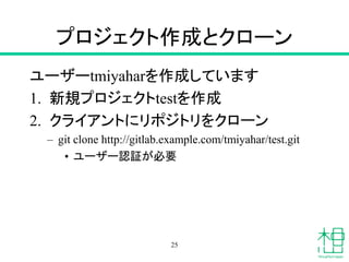 プロジェクト作成とクローン
ユーザーtmiyaharを作成しています
1. 新規プロジェクトtestを作成
2. クライアントにリポジトリをクローン
– git clone http://gitlab.example.com/tmiyahar/test.git
• ユーザー認証が必要
25
 