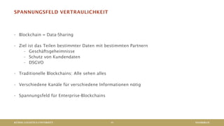 KÜHNE LOGISTICS UNIVERSITY
SPANNUNGSFELD VERTRAULICHKEIT
- Blockchain = Data-Sharing
- Ziel ist das Teilen bestimmter Daten mit bestimmten Partnern
- Geschäftsgeheimnisse
- Schutz von Kundendaten
- DSGVO
- Traditionelle Blockchains: Alle sehen alles
- Verschiedene Kanäle für verschiedene Informationen nötig
- Spannungsfeld für Enterprise-Blockchains
HANSEBLOC13
 