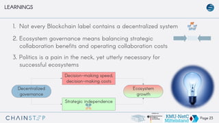 Page 23
Decentralized
governance
Ecosystem
growth
Decision-making speed,
decision-making costs
Strategic independence
LEARNINGS
1. Not every Blockchain label contains a decentralized system
2. Ecosystem governance means balancing strategic
collaboration benefits and operating collaboration costs
3. Politics is a pain in the neck, yet utterly necessary for
successful ecosystems
Entity E
Entity D Entity C
Entity B
Entity A
 
