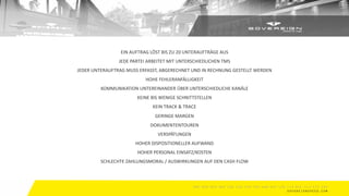 EIN AUFTRAG LÖST BIS ZU 20 UNTERAUFTRÄGE AUS
JEDE PARTEI ARBEITET MIT UNTERSCHIEDLICHEN TMS
JEDER UNTERAUFTRAG MUSS ERFASST, ABGERECHNET UND IN RECHNUNG GESTELLT WERDEN
HOHE FEHLERANFÄLLIGKEIT
KOMMUNIKATION UNTEREINANDER ÜBER UNTERSCHIEDLICHE KANÄLE
KEINE BIS WENIGE SCHNITTSTELLEN
KEIN TRACK & TRACE
GERINGE MARGEN
DOKUMENTENTOUREN
VERSPÄTUNGEN
HOHER DISPOSITIONELLER AUFWAND
HOHER PERSONAL EINSATZ/KOSTEN
SCHLECHTE ZAHLUNGSMORAL / AUSWIRKUNGEN AUF DEN CASH FLOW
 