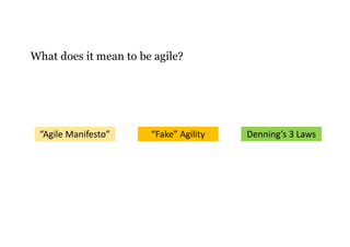 Denning’s 3 Laws
What does it mean to be agile?
“Agile Manifesto” “Fake” Agility
 