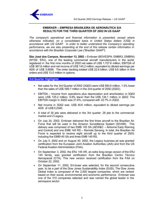 3rd Quarter 2002 Earnings Release – US GAAP


           EMBRAER – EMPRESA BRASILEIRA DE AERONÁUTICA S/A
           RESULTS FOR THE THIRD QUARTER OF 2002 IN US GAAP

The company's operational and financial information is presented, except where
otherwise indicated, on a consolidated basis in United States dollars (US$) in
accordance with US GAAP. In order to better understand the Company’s operating
performance, we are also presenting at the end of this release certain information in
accordance with the Brazilian Corporate Law (“Brazilian GAAP”).

São José dos Campos, November 13, 2002 – Embraer (BOVESPA: EMBR3, EMBR4)
(NYSE: ERJ), one of the leading commercial aircraft manufacturers in the world,
registered in the first nine months of 2002 net sales of US$ 1,727.6 million, EBITDA of
US$ 367.8 million and net income of US$ 145.2 million, equivalent to diluted earnings per
ADS of US$ 0.8599. The order backlog totaled US$ 22.6 billion, US$ 9.6 billion in firm
orders and US$ 13.0 million in options.

3rd Quarter Highlights

   •   Net sales for the 3rd Quarter of 2002 (3Q02) were US$ 580.6 million, 1.5% lower
       than the sales of US$ 589.7 million in the 2nd quarter of 2002 (2Q02).
   •   EBITDA – Income from operations plus depreciation and amortization in 3Q02
       were US$ 125.2 million, 6.6% lower than the US$ 134.1 million in 2Q02. The
       EBITDA margin in 3Q02 was 21.6%, compared with 22.7% in 2Q02.
   •   Net income in 3Q02 was US$ 40.6 million, equivalent to diluted earnings per
       ADS of US$ 0.2340.
   •   A total of 30 jets were delivered in the 3rd quarter: 28 jets to the commercial
       market and 2 Legacy.
   •   On July 24, 2002, Embraer delivered the first three aircraft to the Brazilian Air
       Force that will be used in the Amazon Surveillance System (SIVAM). This
       delivery was comprised of two EMB 145 SA (AEW&C – Airborne Early Warning
       and Control) and one EMB 145 RS – Remote Sensing. In total, the Brazilian Air
       Force is expected to receive eight aircraft up to the third quarter of 2003,
       including five EMB145 SA and three EMB 145 RS.
   •   On July 5, 2002 and on August 30, 2002, the Legacy business jet was granted
       certification from the European Joint Aviation Authorities (JAA) and from the US
       Federal Aviation Administration (FAA).
   •   On September 3, 2002, the ERJ 145 XR, an extra long-range version of the ERJ
       145 family, was granted certification from the Brazilian Centro Técnico
       Aerospacial (CTA). This new version received certification from the FAA on
       October 22, 2002.
   •   On September 11, 2002, Em braer was selected, for the second consecutive
       year, to be a part of the Dow Jones Sustainability Index (DJSI). The Dow Jones
       Global Index is composed of the 2,500 largest companies, which are ranked
       based on their social, environmental and economic performance. Embraer was
       one of the 310 companies selected and was named the global leader in the
       aerospace sector.




                                           1
 