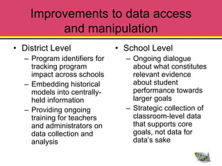 Improvements to data access
         and manipulation
• District Level               • School Level
   – Program identifiers for     – Ongoing dialogue
     tracking program              about what constitutes
     impact across schools         relevant evidence
   – Embedding historical          about student
     models into centrally-        performance towards
     held information              larger goals
   – Providing ongoing           – Strategic collection of
     training for teachers         classroom-level data
     and administrators on         that supports core
     data collection and           goals, not data for
     analysis                      data’s sake
 