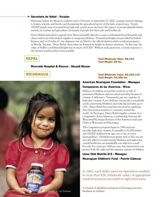 Secretaria de Salud - Yucatan
  Hurricane Isidore hit Mexico’s southern state of Yucatan on September 23, 2002, causing extensive damage
  to homes, schools, and hotels, and decimating the agricultural sector of this lush, tropical area. Nearly
  100,000 people were evacuated from high-risk coastal areas; and since the region’s economy depends almost
  entirely on tourism and agriculture, thousands of people lost their jobs and livelihoods.
  Direct Relief responded to appeals from Mexican health officials to assist overburdened local hospitals and
  clinics and to provide medical supplies to temporary shelters. Donated air freight was provided by Federal
  Express, and on October 4th, the shipment was air-lifted to the official disaster relief coordinating agency
  in Merida, Yucatan. Direct Relief often relies on donated air freight in disaster situations. In this case, the
  value of FedEx’s contributed freight was in excess of $3,500. Without such generosity, a timely response to
  the disaster would not have been possible.


NEPAL                                                                Total Wholesale Value: $8,434
                                                                     Total Weight: 80 lbs.

  Riverside Hospital & Rescue - Shyauli Bazaar


NICARAGUA                                                            Total Wholesale Value: $9,229,122
                                                                     Total Weight: 56,306 lbs.

                                                     American Nicaraguan Foundation - Managua
                                                     Companeros de las Americas - Rivas
                                                     Millions of children around the world are at risk of
                                                     permanent blindness and associated mortality because of
                                                     vitamin A deficiency. Fortunately, just two capsules of
                                                     high-dose vitamin A per child per year produce remarkable
                                                     results, preventing blindness and reducing mortality up to
                                                     23%. Direct Relief has long been involved in supplying
                                                     this critical micronutrient to countries around the
                                                     world. In Nicaragua, Direct Relief supplies vitamin A to
                                                     Companeros de las Americas, a partnership between the
                                                     Wisconsin/Nicaragua Partners of the Americas and Lions
                                                     Clubs in Wisconsin and Nicaragua.
                                                     The Companeros program began in 1996 and now
                                                     provides high-dose vitamin A annually to 81,000 infants
                                                     and 330,000 children from ages one to ten in seven
                                                     municipalities. Distribution programs such as this one are
                                                     not only effective in preventing blindness and improving
                                                     overall health but are remarkably cost effective as well.
                                                     For only five cents per child per year, this intervention can
                                                     protect both the sight and the immune systems of children.
                                                     Lions Club Distrito D-5 - Managua
                                                     Nicaraguan Children’s Fund - Puerto Cabezas



                                                     In	2002,	each	dollar	spent	for	operations	resulted
                                                     in	more	than	$26	(wholesale	value)	of	appropriate
                                                     medical	resources	provided	to	high-need	areas.	

                                                    A vitamin A distribution program in Nicaragua prevents
                      PHOTO: Jay Farbman
                                                  B blindness in children.
 