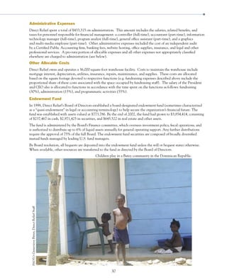 Administrative Expenses
Direct Relief spent a total of $433,315 on administration. This amount includes the salaries, related benefits, and
taxes for personnel responsible for financial management: a controller (full-time), accountant (part-time), information
technology manager (full-time), program analyst (full-time), general office assistant (part-time), and a graphics
and multi-media employee (part-time). Other administrative expenses included the cost of an independent audit
by a Certified Public Accounting firm, banking fees, website hosting, office supplies, insurance, and legal and other
professional services. A pro-rata portion of allocable expenses and all other expenses not appropriately classified
elsewhere are charged to administration (see below).
Other Allocable Costs
Direct Relief owns and operates a 36,000-square-foot warehouse facility. Costs to maintain the warehouse include
mortgage interest, depreciation, utilities, insurance, repairs, maintenance, and supplies. These costs are allocated
based on the square footage devoted to respective functions (e.g. fundraising expenses described above include the
proportional share of these costs associated with the space occupied by fundraising staff). The salary of the President
and CEO also is allocated to functions in accordance with the time spent on the functions as follows: fundraising
(30%), administration (15%), and programmatic activities (55%).

Endowment Fund
In 1998, Direct Relief’s Board of Directors established a board-designated endowment fund (sometimes characterized
as a “quasi-endowment” in legal or accounting terminology) to help secure the organization’s financial future. The
fund was established with assets valued at $773,786. By the end of 2002, the fund had grown to $3,854,414, consisting
of $237,467 in cash, $2,971,425 in securities, and $645,522 in real estate and other assets.
The fund is administered by the Board’s Finance committee, which oversees investment policy, fiscal operations, and
is authorized to distribute up to 6% of liquid assets annually for general operating support. Any further distributions
require the approval of 75% of the full Board. The endowment fund securities are composed of broadly diversified
mutual funds managed by leading U.S. fund managers.
By Board resolution, all bequests are deposited into the endowment fund unless the will or bequest states otherwise.
When available, other resources are transferred to the fund as directed by the Board of Directors.
                                                Children play in a Batey community in the Dominican Republic.
 PHOTO: Genevieve Bitter, Direct Relief Staff




                                                          30
 