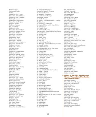 Mr. David Smyre                   Mr. and Mrs. R M. Thompson                        Mrs. Helen E. Wesley
Ms. Gwenyth Snyder                Mrs. and Mr. Sandra A. Thompson                   Ms. Leslie Westbrook
SOAP                              Ms. Monet U. Thomson                              Mr. and Mrs. W.O. Whamond
Mr. and Mrs. Alex J. Sobin        Mr. William H. Thornburgh                         Ms. Candace White
Mr. and Mrs. Richard Solomon      Dr. and Mrs. George Thorngate                     Dr. Gilbert White
Mr. and Mrs. John A. Sonquist     Mrs. Mary R. Thorson                              Mr. and Mrs. John K. White
Mr. Craig K. Sorensen             Mr. Paul R. Thorson                               Mrs. Magdalene S. White
Mr. Kenneth E. Spieckerman        Mr. Robert L. Thure and Ms. Enrica T. Gregorio    Ms. Nancy E. Whiteside
Mr. and Mrs. Eric W. Spivey       The Tides Center                                  Ms. Sara A. Wilcox
Ms. Lynne Sprecher                Mr. and Mrs. M. Gordon Tiger                      Mr. Roger Wilde, CPA
Mr. Robert Staffanson             Mr. Stephen F. Tobias and Ms. Alice Webber        Mr. Bruce A. Williams
Mrs. Sandy Stahl                  Mr. Tom Tokarcik                                  Ms. Donna J. Williams
Ms. Lorraine Stalter              Ms. Diana M. Torres                               Mr. and Mrs. Frank Williams
Mr. and Mrs. Andrew J. Starin     Mr. and Mrs. Jay K. Torrey                        Mr. and Mrs. Joseph D. Williams
Mr. and Mrs. Sherman M. Starr     Town & Country Women’s Club of Santa Barbara      Ms. Gerda J. Willis
Mr. and Mrs. Bert States          Ms. Carrie L. Trevena                             Ms. Mary P. Wilson
Mr. and Mrs. Paul Stavrou         Ms. Rebecca Troon                                 Mr. and Mrs. Irwin Winer
Mr. and Mrs. John Steed           Ms. Karin Trub                                    Mr. and Mrs. Marc Winnikoff
Ms. Frances H. Steen              Ms. Jenette Tryon                                 Ms. H. L. Winter
Ms. Denise Steffenhagen           Ms. Susan Tschech                                 Mr. and Mrs. Jonathan Winters
Mr. William L. Stephens           Mr. Imre Tuba                                     Ms. Lucinda Winters and Mr. John Varner
Mr. and Mrs. John B. Stephenson   Mr. and Mrs. Joseph Tumbler                       Ms. Gig Wishon
Mr. and Mrs. Frank Stevens        Mr. William H. Turpin and Ms. Bevely D. Staples   Mr. and Mrs. Stan Witnov
Mr. David B. Stewart              Mr. Ernest E. Tyrrasch                            Mr. George Witter and Ms. Laurie Hannah
Ms. Dorothy J. Stewart            Dr. C.H. Uittenbogaart                            Mr. and Mrs. Howard Woocher
Ms. Nancy Stewart                 Ms. Stephanie Ulmer and Mr. Klaus Sutner          Mrs. Harry Wood
Mr. Paule Stewart                 Mr. and Mrs. Frank Umanzio                        Ms. M. Gail Woodard
Mr. and Mrs. Thomas Stieglitz     Ms. Dorothy Vader                                 Mr. and Mrs. William R. Wuestenfeld
Mr. Joseph C. Stillman            Ms. Sue Valikonis                                 Ms. Lillian Wurzel
Mr. and Mrs. James W. Stocker     Mr. and Mrs. John T. Van Aken                     Mr. Benyaurd B. Wygant
Mr. and Mrs. Michael B. Stoker    Mr. and Mrs. Rene Van Wingerden                   Mr. Alex Yambao
Mr. and Mrs. William Stolze       Ms. Catherine M. Vanaken                          Ms. Theresa Yandell
Mr. and Mrs. R.L. Stone           Mr. Michael Varhola                               Ms. Jane Yater
Ms. June Stoner                   Ms. Wendy Varian                                  Ms. Katherine G. Yee
Mr. Gordon E. Stoppel             Mr. and Mrs. Bruce M. Velasco                     Mr. and Mrs. David Young
Mr. and Mrs. Ed Storr             Ms. Joyce H. Vincent                              Ms. Karin Young
Ms. Lynn Stroble                  Dr. William E. Vollero                            Ms. Elisabeth Zall
Mr. and Mrs. Sam A. Stuckey       Mr. James Volz                                    Mr. Francisco Zamudio
Mr. and Mrs. Art Sturz            Ms. Daphne Von Essen                              Ms. Niki Zolotas
Ms. Mary M. Sullivan              Dr. Roger Voskuyl and Ms. Jane V. Jackson         Ms. Cheryl A. Zuniga
SunCORK                           Mr. Harold L. Votey, Jr.                          Mr. and Mrs. Alan Zusman
Mrs. Karin Svensson               Mr. and Mrs. Alain Vu                             Ms. Jane M. Zuzalek
Mr. Roger Svensson                Mr. Donald Walker
Ms. Lydia Swanson                 Mr. Robert B. Walker                              Donors to the 2002 Santa Barbara
Mr. and Mrs. John A. Swete        Mr. and Mrs. Anthony J. Wall                      Vintners’ Foundation’s Wine Auction
Mr. and Mrs. William F. Sykes     Dr. and Mrs. Ed R. Wallace                        The American Riviera
Ms. Laura J. Sylvester            Mrs. Glenn Wallace                                Mr. Stephen Acronico
Mr. and Mrs. Michael Szymczak     Ms. Karen Walsh                                   Mr. and Mrs. Michael E. Allgeier
Mr. and Mrs. Charles C. Tabbi     Ms. Mary Walsh                                    Mr. and Mrs. Kirby Anderson
Mr. and Mrs. Eric Tambini         Mr. and Mrs. Carter Walters                       Ms. Louise Andrae
Ms. Miriam Tanenhaus              Ms. Denise Z. Wang                                Mr. Robert H. Arnold
Mr. and Mrs. Bruce Tarr           Mr. and Mrs. Edward Warner                        Ms. Rona Barrett
Mr. and Mrs. Harry Taylor         Mr. and Mrs. Michael P. Warren                    Mr. and Mrs. Philip M. Battaglia
Taylored Wood                     Dr. Robin Warshawsky and Dr. Howard Guzik         Mr. and Mrs. Bryan Babcock
Ms. Luella A. Teasley             Ms. P. Wash                                       Mr. and Mrs. Charles Banks
Mr. and Mrs. John Templeton       Mr. William P. Wathen and Ms. Becky G. Barieau    Ms. Jillian Balance
Mr. and Mrs. Victor T. Terry      Ms. Elda Weatherby                                Mr. Barry Berkus
Ms. Diane Thatcher                Ms. Mary Weber                                    Mr. and Mrs. Steve Beckmen
Mr. William Theil                 Mr. Nicholas Weeks                                Mr. and Mrs. Thomas L. Beckmen
Ms. M. Andrea Thibeau             Mrs. Ilene Weinreb                                Mr. and Mrs. Kevin Beckmen
Mrs. Donna Thomas                 Ms. Judi Weisbart                                 Ms. Patty Berg
Mrs. Doris Thomas                 Ms. Valerie Weiss                                 Mr. and Mrs. Norman Beko
Ms. Kathryn A. Thomas             Ms. Roberta Weissglass                            Mr. and Mrs. Michael Blackwell
Mr. and Mrs. Kenneth J. Thomas    Ms. Tina Wells                                    Ms. Michi Blake




                                                     41
 