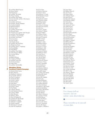 Mr. and Mrs. Mikael Sigouin                Mr. H. K. Chew             Ms. Nona Ogren
Ms. Jancie Siebert                         Mr. Martin Cirincione      Mr. Wallace Olson, Jr.
Skin Resolutions                           Ms. Kristin Colvert        Ms. Ann P. Over
Mr. and Mrs. Tim Snider                    Ms. Katherine V. Coram     Ms. Bonnie Palmer
Ms. Nancy Somberg                          Mr. Bartholmew Crisanti    Ms. Stephanie Pappas
Mr. and Mrs. Chris Sparno                  Mr. Jon D. Curd            Mr. James Pearson
Mr. Larry StoneMr. and Mrs. Chris Sparno   Mr. Stephen R. Dalzell     Mr. Edward R. Pedersen
Mr. Larry Stone                            Mr. Thomas H. Daniel       Mr. Rodrick R. Perkins
Mr. and Mrs. Al Stinson                    Mr. William Danker         Ms. Donna Perry
Mr. and Mrs. Thomas Stolpman               Mr. Rupal A. Dave          Ms. Anna L. Peters
Ms. Cynthia Stanfield                      Ms. Valerie A. Domingo     Ms. Suzanne M. Pierce
Mr. Michael Stephens                       Ms. Eileen M. Donnelly     Mr. Arthur Poratta
Mr. Fredric Steck                          Mr. John Doss              Mr. Donavan Price
Mr. and Mrs. Patrick Steele                Mr. David L. Douglas       Ms. Susan E. Raich
Mr. Bernard Taupin                         Mr. Charles T. Dumais      Ms. Ignatius Rao
Mr. Todd Taverner and Ms. Sarah Tenaglia   Mr. Roger F. Ehlert        Mr. Reginald Reisenbichler
Mr. and Mrs. David Thompson                Mr. Thomas J. Eicher       Mr. Steven Roper
Mr. and Mrs. L. David Tisdale              Mr. Thomas L. Farmer       Ms. Nancy H. Roseberry
Mr. and Mrs. Paul Tonkin                   Mr. Dean D. Ferguson       Mr. Lee M. Rosenberg
Ms. Carrie Torres                          Mr. Ellie N. Fierro        Mr. Paul Rosenthal
Mr. Don O’Toole                            Mr. Kenneth Fix            Mr. Stephen J. Schmid
Chef Charlie Trotter                       Mr. Mark A. Galey          Mr. William Sherer
Mr. and Mrs. Phil Van Horn                 Mr. William Gilmore        Mr. Edward Sienkiewicz
Ms. Wendy Van Horn                         Mr. Scott Goodrich         Ms. Betty Slater
Mr. and Mrs. James C. Vogelzang            Ms. Karen A. Gritzer       Mr. Kenneth Slaughter
Mr. David Walker                           Mr. Michael L. Hall        Ms. Beverly Smith
Mr. Sam Waksal                             Ms. Brenda Hansen          Mr. Daniel Snare
Mr. and Mrs. Clint Walker                  Ms. Patricia P. Harlow     Ms. Carmen N. Spaulding
Ms. Polly Firestone Walker                 Mr. William E. Harris      Mr. Michael D. Squire
Ms. Lorraine Wilson                        Ms. Diane Harvey           Ms. Donna Stienstra
Wine Bistro                                Mr. Alan Havorson          Ms. Donna Tallman
Mr. Jeffeson Woeste                        Ms. Tina M. Hazrd          Mr. Philip W. Tang
Ms. Catherine Wofford                      Mr. Mark Hedman            Mr. Roger A. Tatreau
Mr. and Mrs. Lenny Zilz                    Ms. Rosetta M. Herrara     Ms. Katherine Thorton
Mr. Seyburn Zorthian                       Ms. Sharon L. House        Mr. Kenneth T. Tota
Mr. Signe Zoller                           Mr. Fern J. Jarmulnek      Mr. Richard D. Troxel
Mr. and Mrs. Neil Zuehlke                  Mr. David Johnson          Ms. Lois K. Trumball
                                           Mr. David P. Jones         Ms. Mary M. Umayan
Workplace Giving                           Ms. Malachy J. Kilbride    Ms. Denise A. Uyler
Combined Federal Campaign                  Mr. Thomas H. Killian      Ms. Carolyn Vanderjagt
Mr. Rashad Abdul-Azeem                     Mr. Roald E. Kinder        Ms. Sally A. Vogt
Mr. Ryan Alaarcia                          Ms. Cynthia A Kovalchuk    Mr. Dennis C. Wagner
Mr. Matthew J. Anderson                    Mr. Edward W. Kutch        Ms. Evelyn Watkins
Ms. Jo Lynn R. Anderson                    Mr. Richard Kutt           Ms. Evana B. Webb
Mr. Tom H. Anderson                        Mr. Larry W. Laughlin      Ms. Dorrett Williams
Ms. Tamala M. Baker                        Mr. Paul Luthy             Mr. David Woodwell
Mr. David A. Barber                        Mr. Edward Mahaney         Mr. Bruce Young
Mr. Michael Battis                         Ms. Tonya L. Marbuary      Ms. Mary Yudin
Mr. John Battle                            Mr. Stephen Matthews       Mr. Daniel J. Zgola
Ms. Stephanie J. Battles                   Ms. Teresa M. Mauser
Mr. David C. Beisel                        Ms. Marian G. McConnell
Mr. Paul Bobak                             Mr. Robert McMillian
Ms. Gloria R. Bowens                       Mr. Daniel J. Mechenbier
Ms. Jody Boydston-Johnson
Ms. Carol G. Bridge
                                           Mr. Jack M. Meiss          For a listing of all our
                                           Mr. John Miniter
Ms. Mary Brennan                           Mr. Alfred A. Montoya      investors, visit our
Mr. Robert L. Burge                        Ms. Amanda A. Mook         website: www.directrelief.org.
Ms. Rose M. Burgess-Ely                    Mr. Walio Mourao
Ms. Charlotte M. Buterbaugh                Mr. Bruce W. Murray
Ms. Elizabeth J. Callison                  Ms. Yvetta Myers
Ms. Melodie S. Campbell                    Mr. Steven M. Nelson
Ms. Sheila Campbell                        Ms. Lea A. Nicholson       Please remember us in your will
Ms. Marianne S. Cantwell                   Mr. Gary W. Nyman          or estate plan.
Mr. John M. Chamberlan                     Mr. Jospeh C. O’Bradovic




                                                              43
 